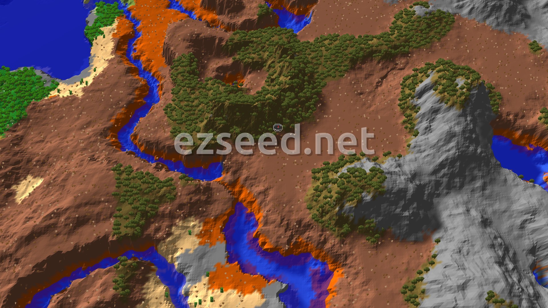 A 3D fly-over of red-brown badlands with dense dark-green tree clusters on the plateaus, blue rivers cutting through orange canyon walls, and grey rock ridges to the east.
