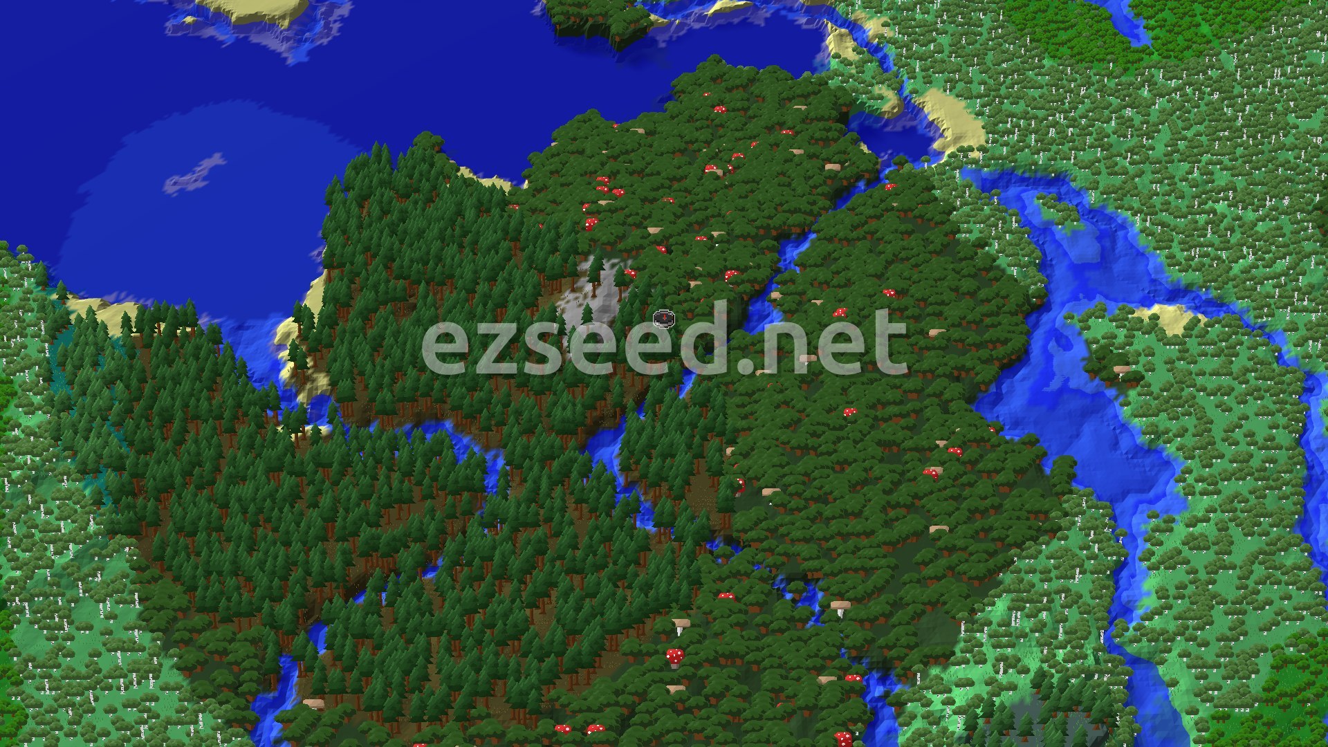 A fly-over of dense dark forest with red mushrooms beside spruce woods, cut by rivers and bordered by blue ocean and sandy beaches.