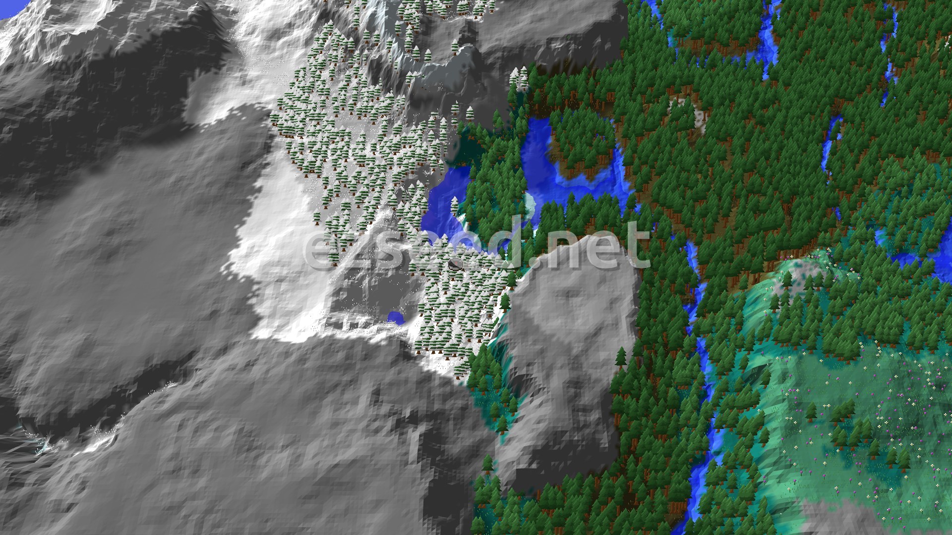 Aerial Minecraft seed map — Snowy Taiga Valley Ringed by Mountains, with an Ancient City