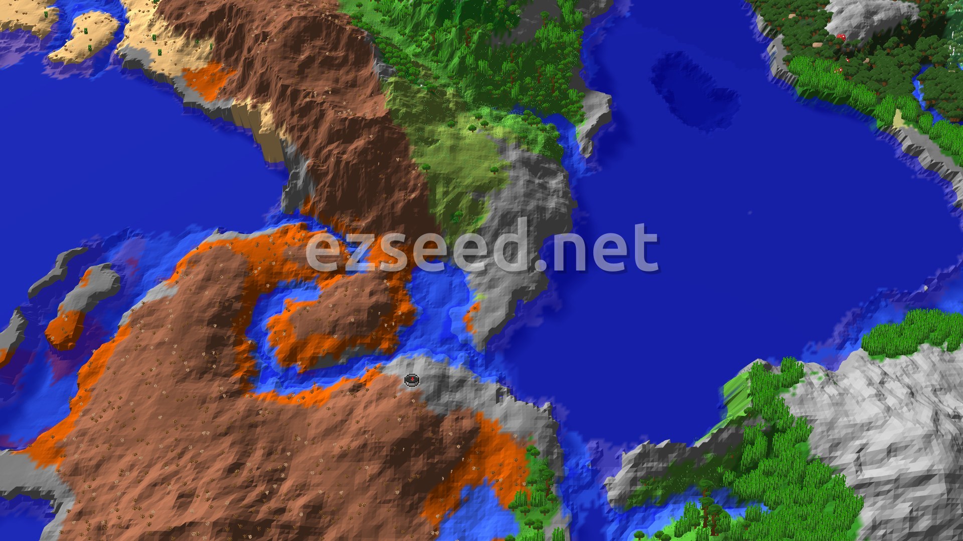 A grey stony shoreline on a bay, with rust-red badlands plateaus to the west, a jungle-covered peninsula to the north and open water to the east.