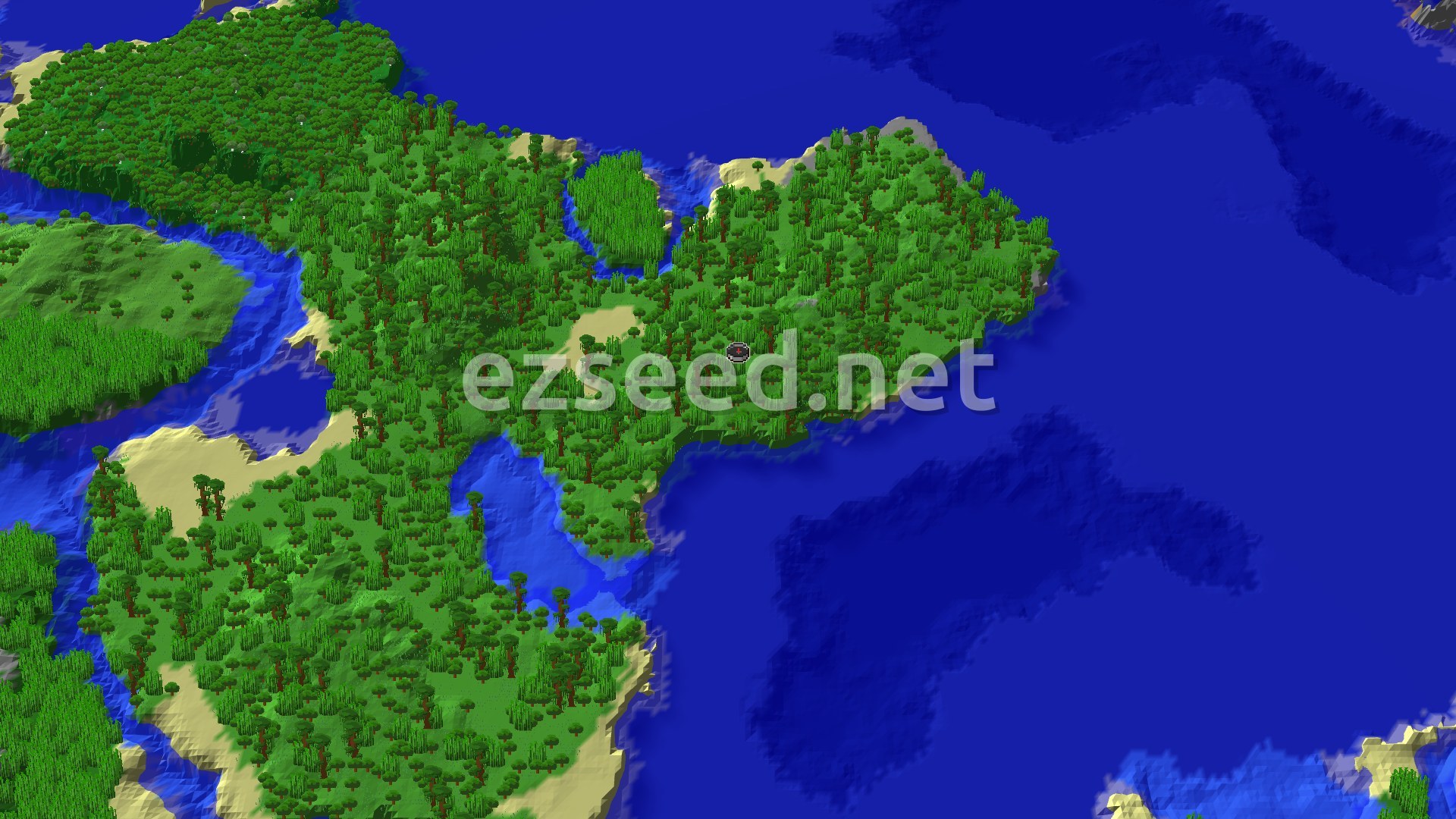 A bird's-eye view of a large, green island covered in dense jungle and bamboo, surrounded by blue ocean, with a small spawn marker in the center.