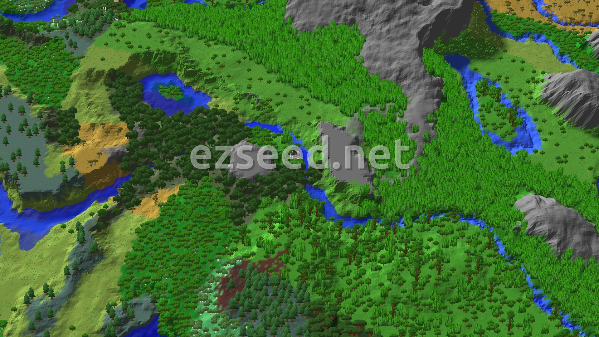 A bird's-eye view of a lush green jungle landscape, with winding blue rivers and patches of varied terrain including some grey mountainous areas.