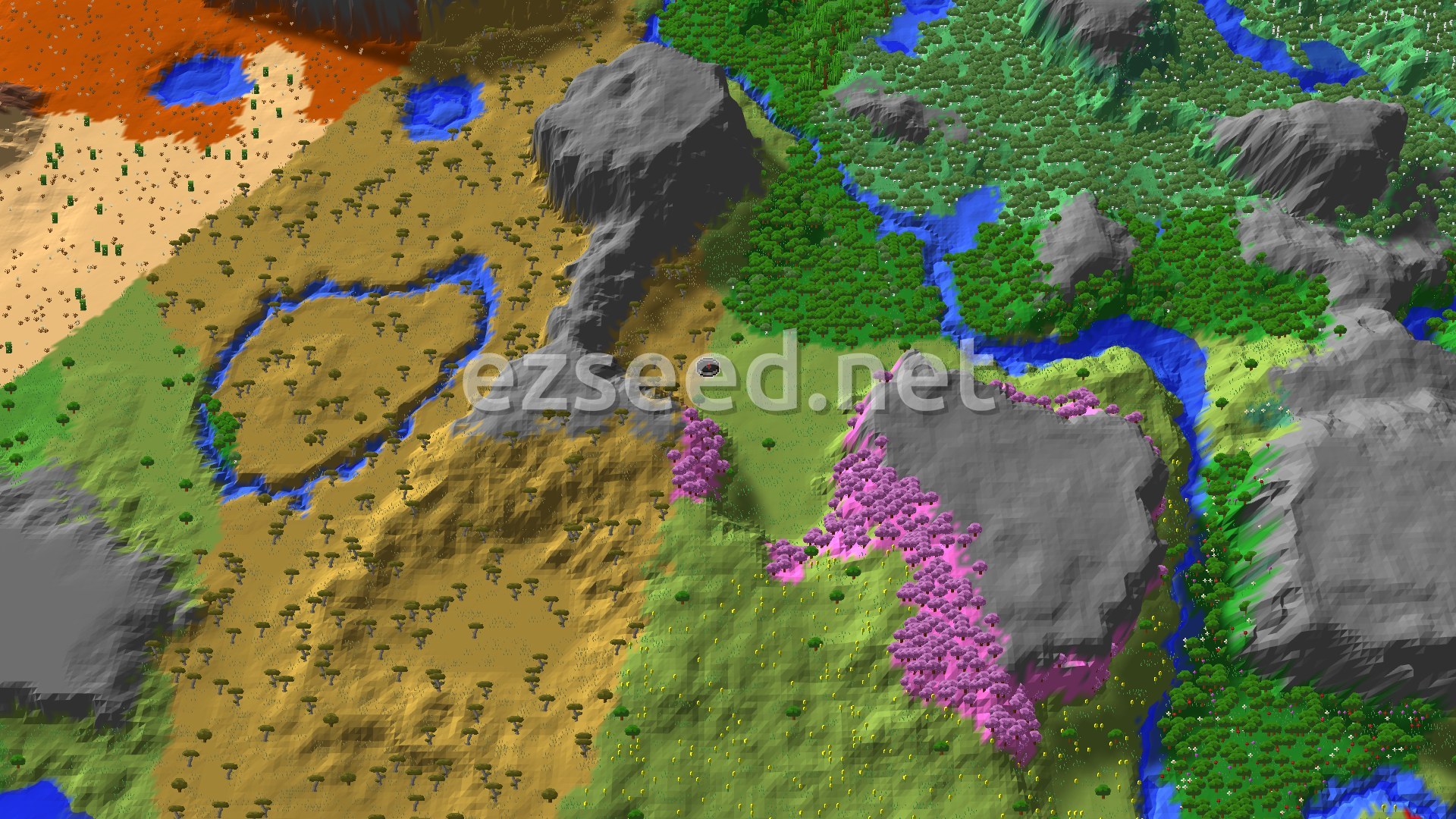 A fly-over of a green plains valley with a pink cherry grove, savanna to the west, bare grey rock rising on every side and rivers cutting through the forest to the east.