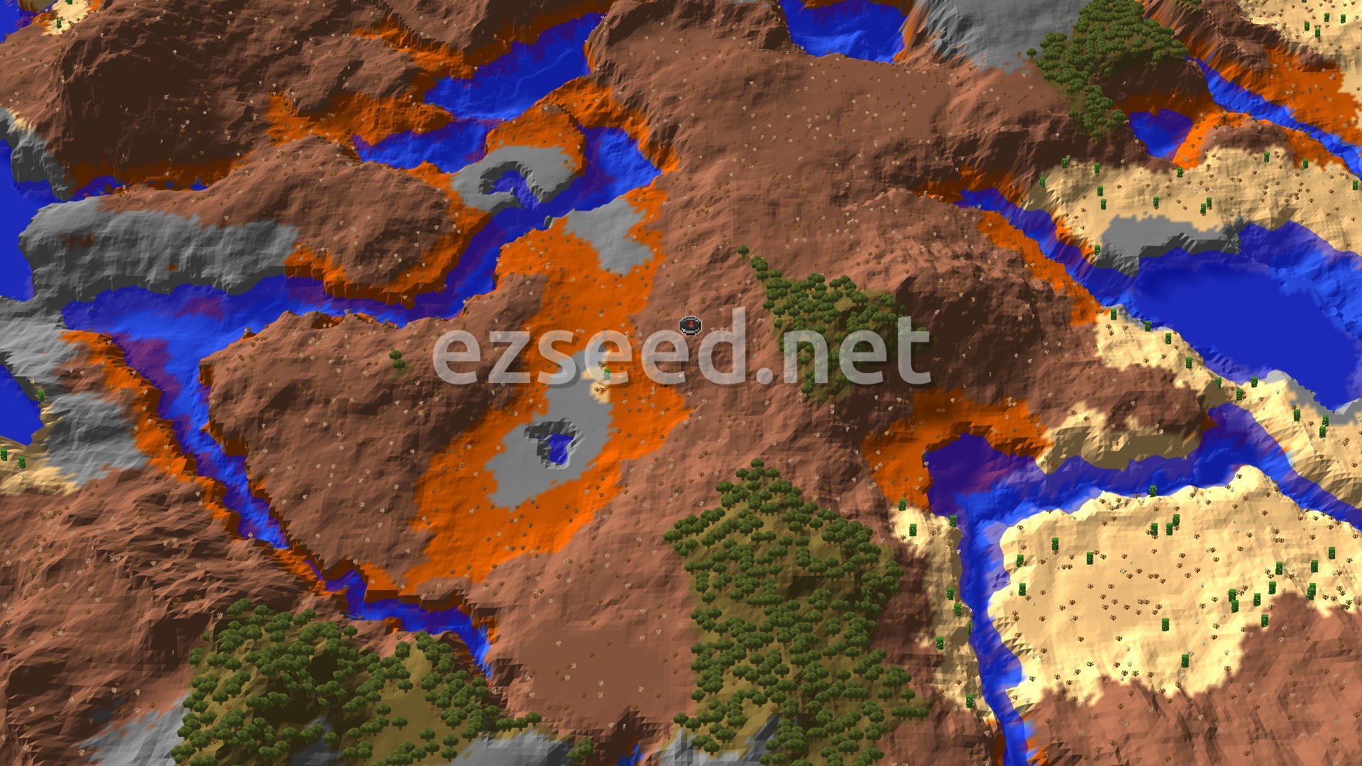 A 3D fly-over rendering of a Minecraft world, showing a diverse landscape of orange and brown badlands terrain, interspersed with patches of green trees, blue rivers, and gray stony shores. A small spawn marker is visible near the center.