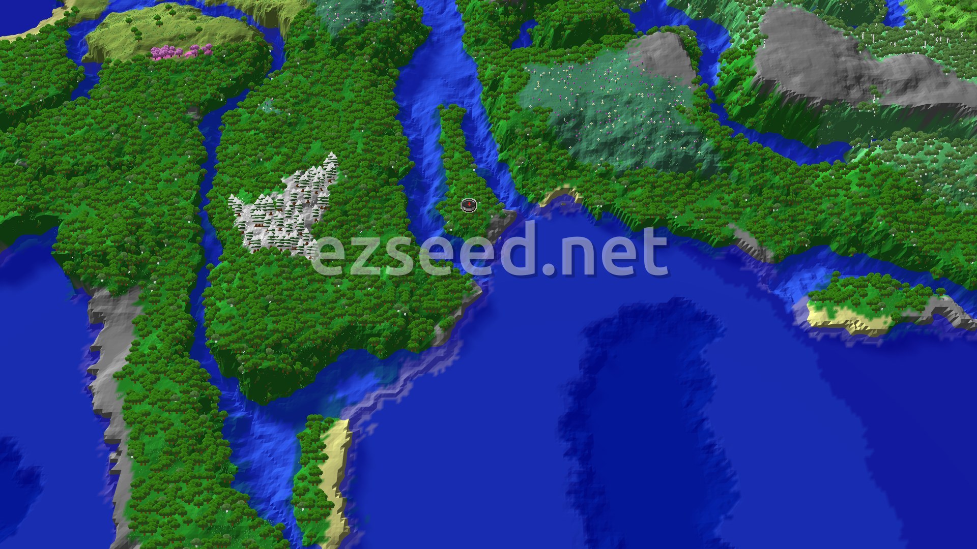A thick forest island with a spawn marker, split by blue rivers and bordered by open ocean, with grey stone cliffs and sandy beaches around the edges.