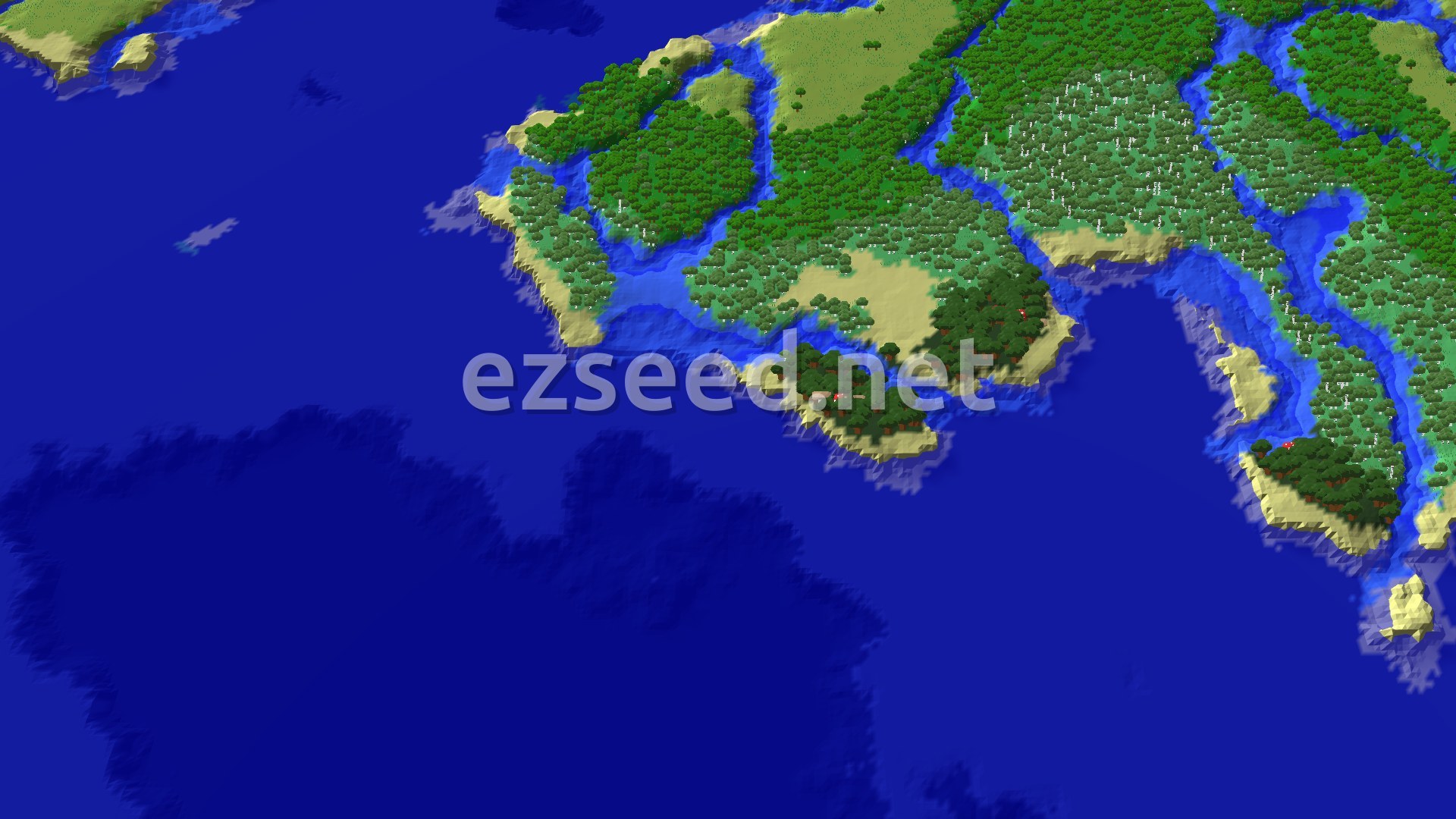 A sandy coastline with birch and oak forest spreading inland, dark blue deep ocean in the foreground and narrow river channels cutting between wooded hills.
