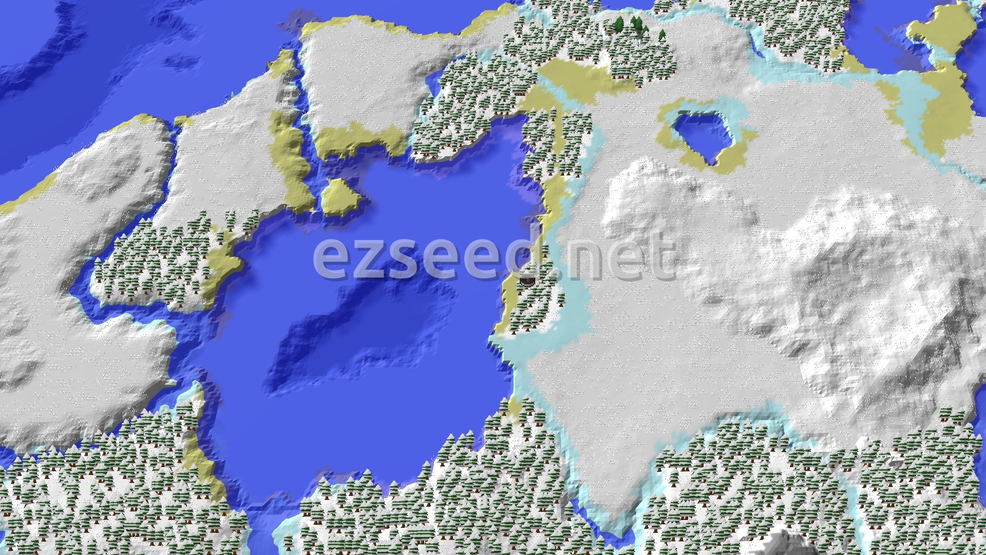 A 3D overhead view of a snow-covered landscape with a central island of green trees surrounded by vast blue water and icy shores.