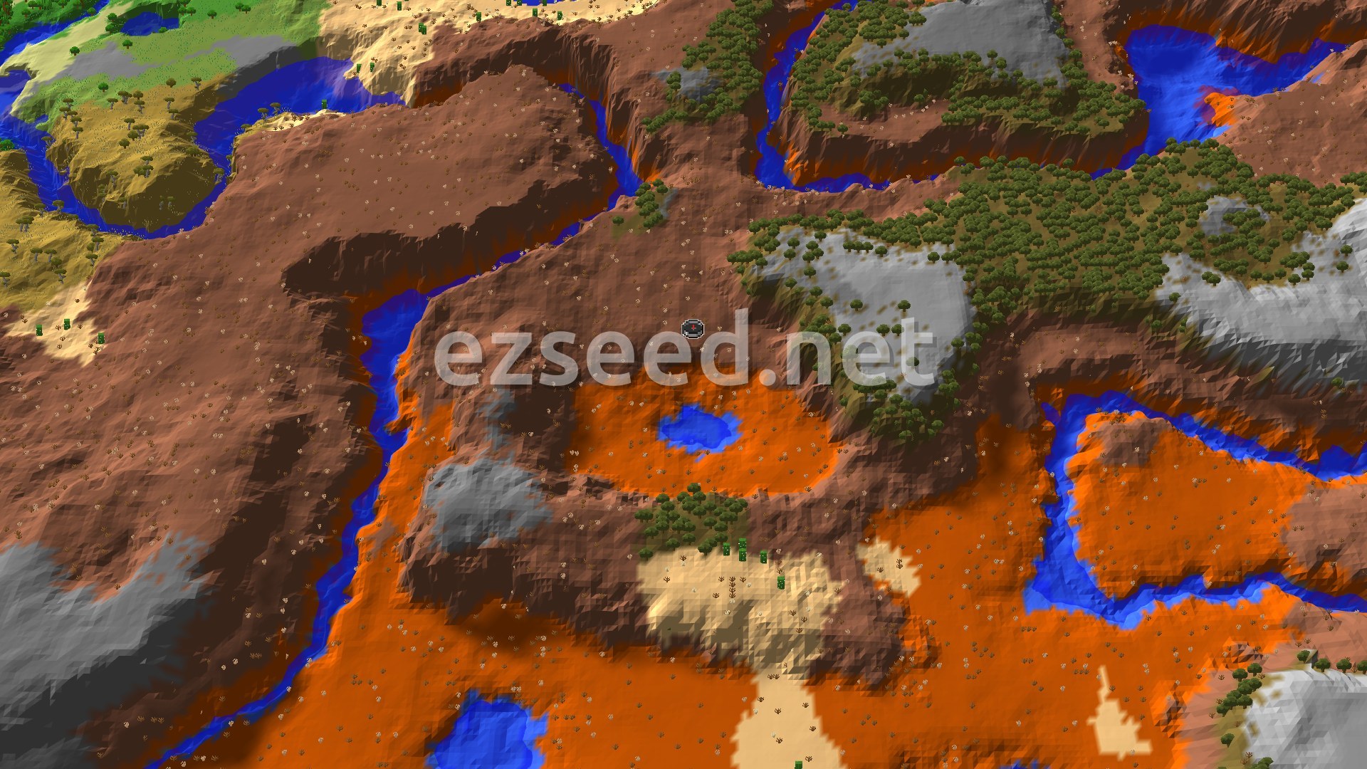 An aerial view shows a vast expanse of Wooded Badlands with deep orange and red tones, interspersed with patches of green trees and winding blue rivers, under a clear sky.