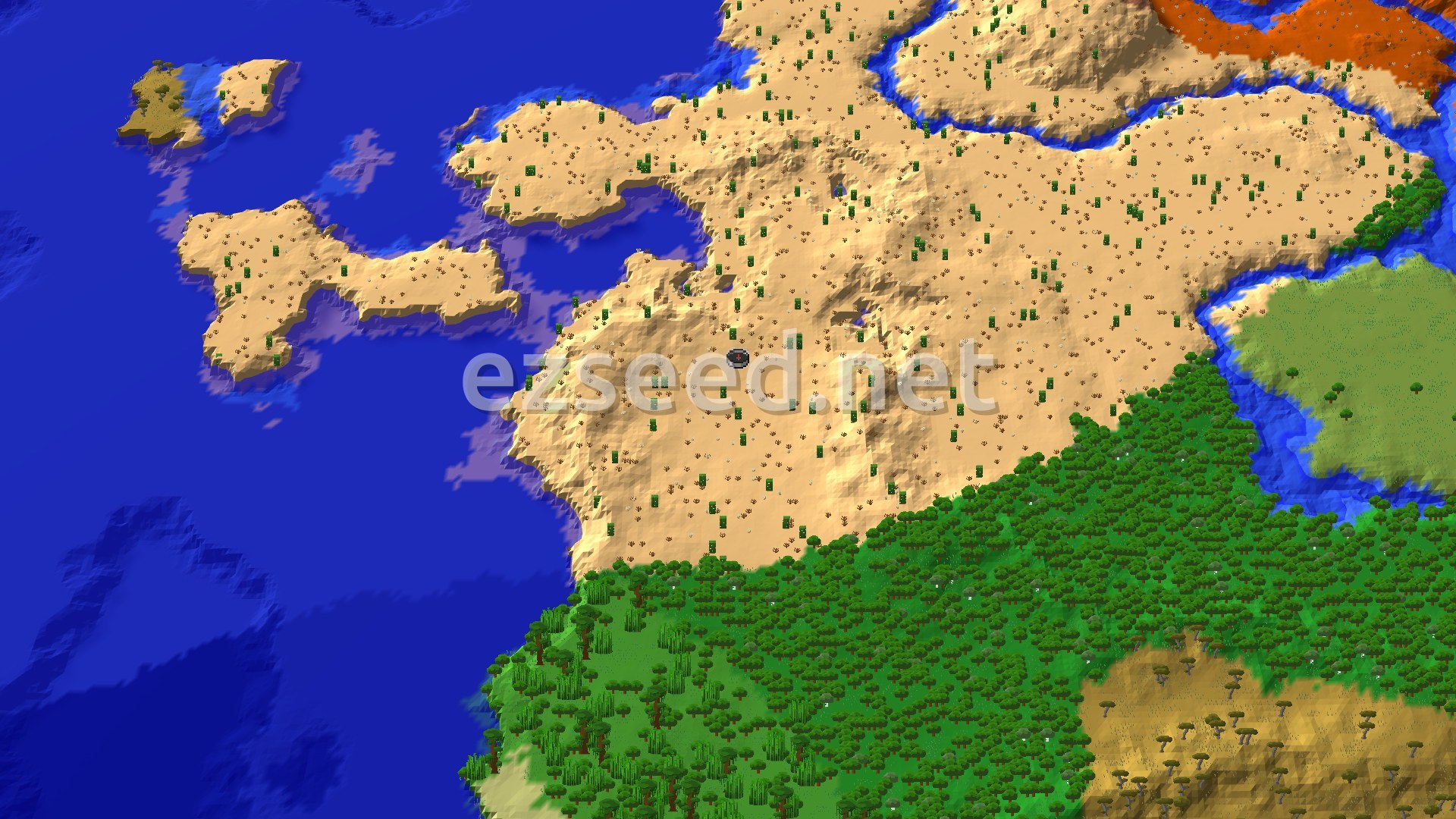 A broad tan desert dotted with cacti and dead bushes, with deep blue ocean and small sandy islets to the west, dense green forest to the south and a patch of badlands in the top corner.