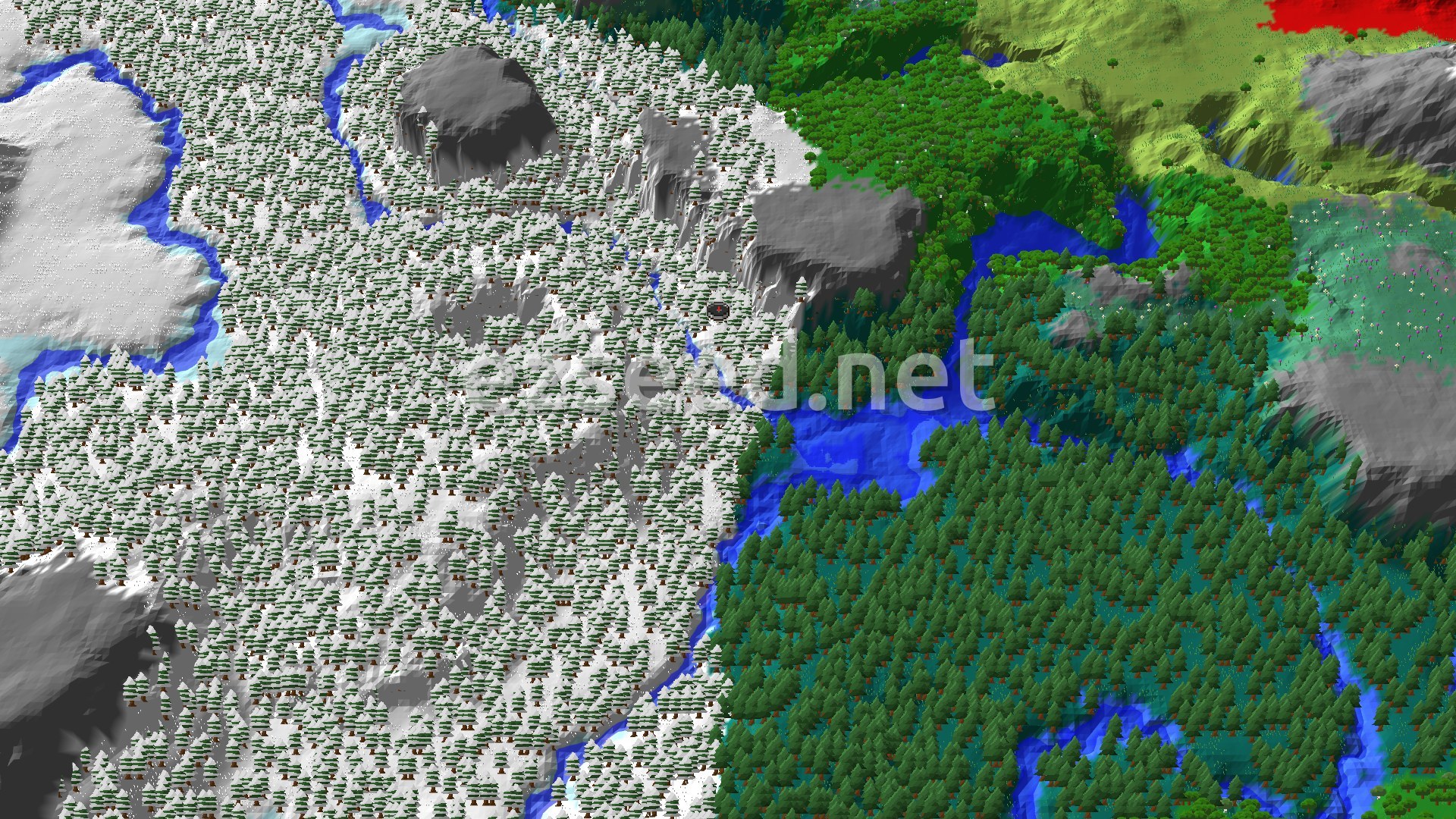 A 3D fly-over shows a snowy taiga valley with pine trees, surrounded by higher, snow-covered terrain and a blue river flowing through it. To the right, the snowy landscape transitions into a green forest with more rivers.