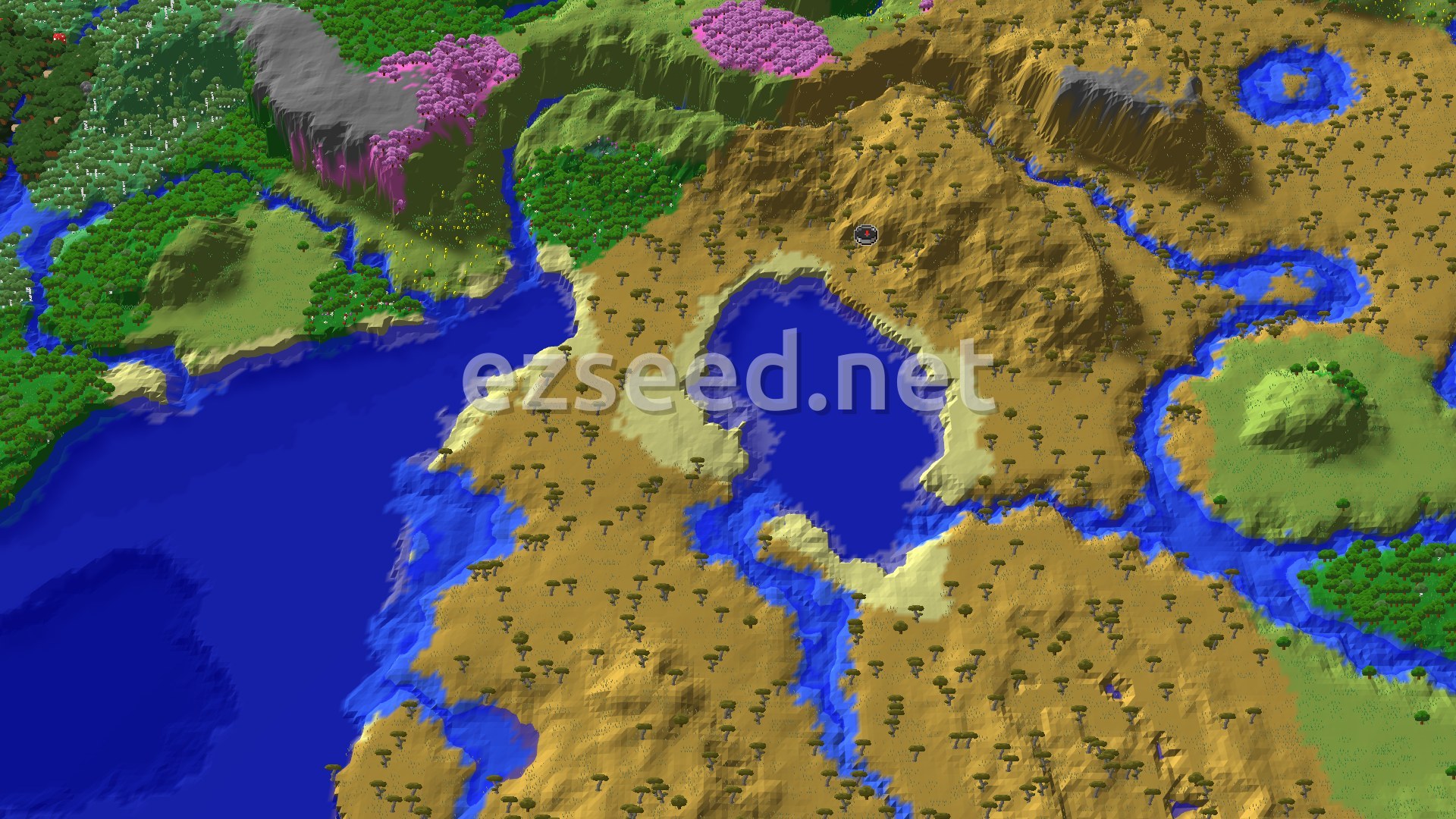 A 3D render of a Minecraft world around spawn, showing a large savanna with scattered acacia trees and a substantial lake in the center. To the north, green plains and a vibrant pink cherry grove are visible, bordered by a darker forest and a gray, rugged mountain.