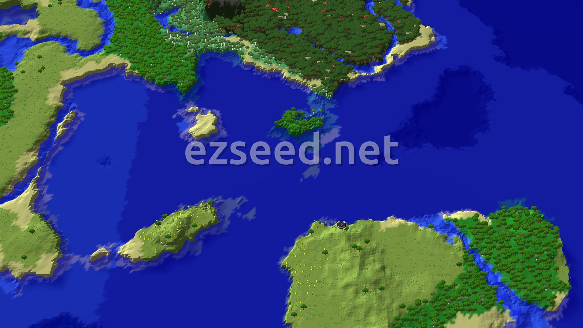 An aerial view of a large, green island covered in plains and forests, surrounded by blue ocean, with smaller islands in the distance.