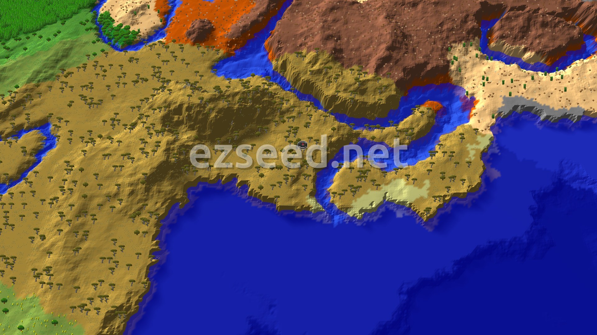 A savanna headland of flat-topped acacia trees pushes into deep blue ocean, with inlets, orange and brown badlands to the north and a pale desert strip to the east.