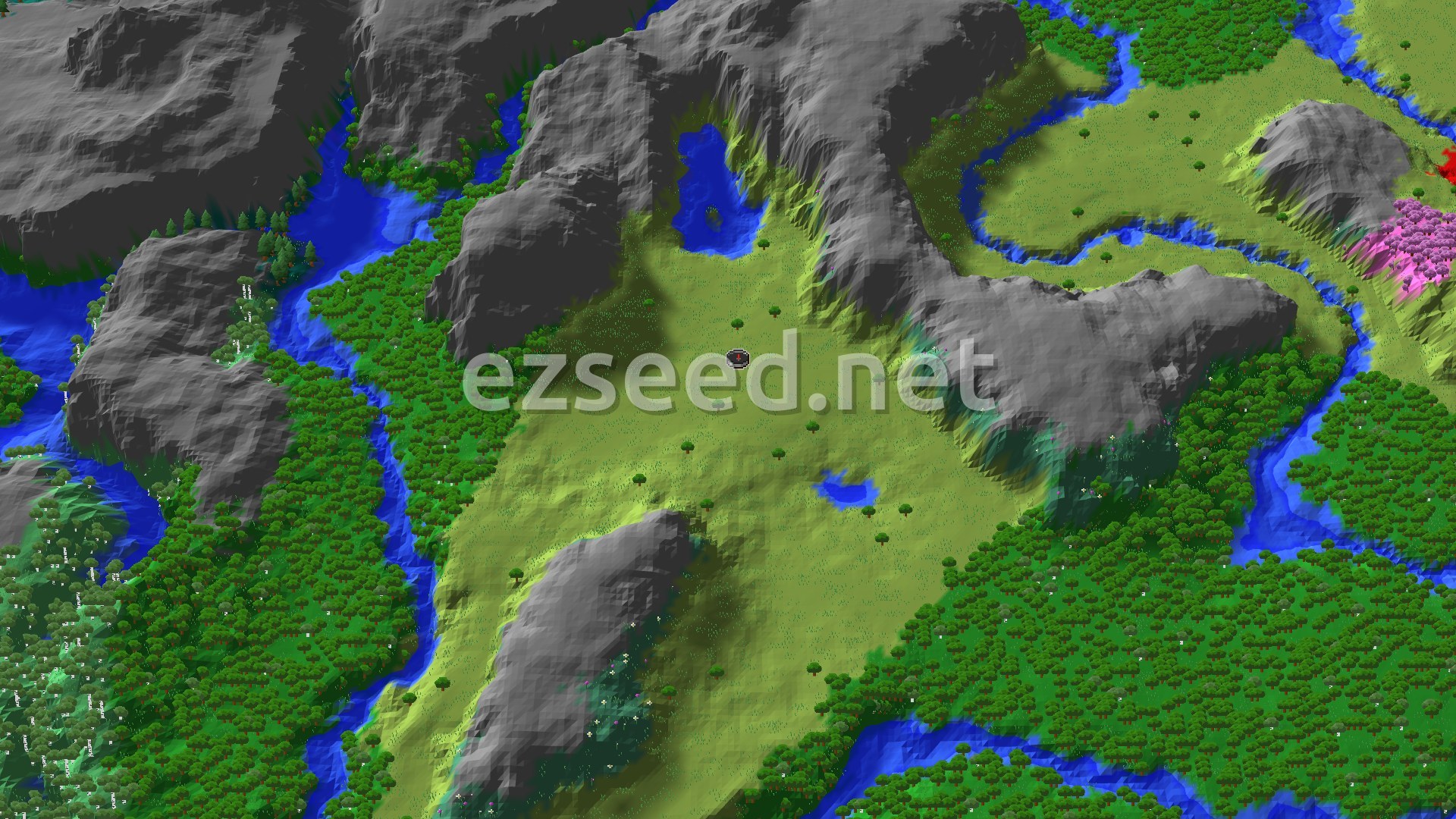 A bright green plains valley with a few small ponds, hemmed in by grey rocky ridges, with rivers and dense forest on every side.