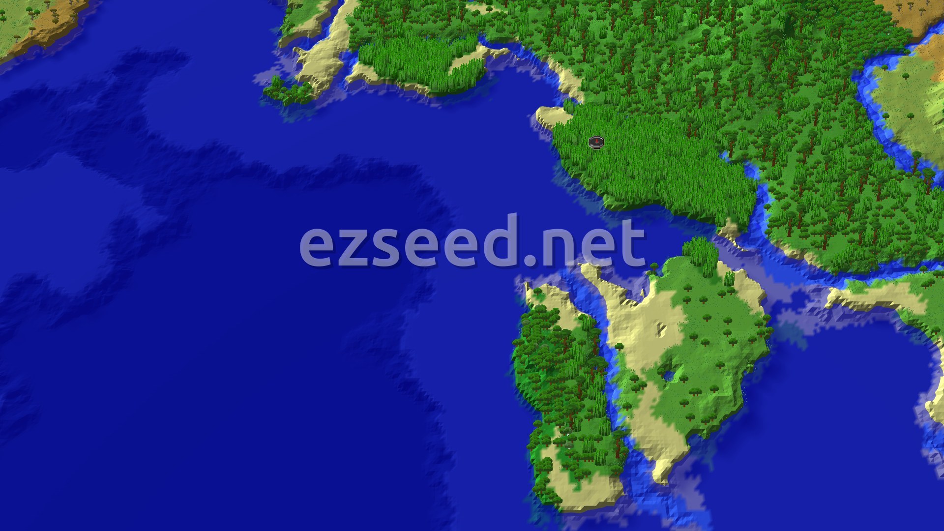 Aerial Minecraft seed map — Bamboo Jungle Shores with Lush Caves Underneath