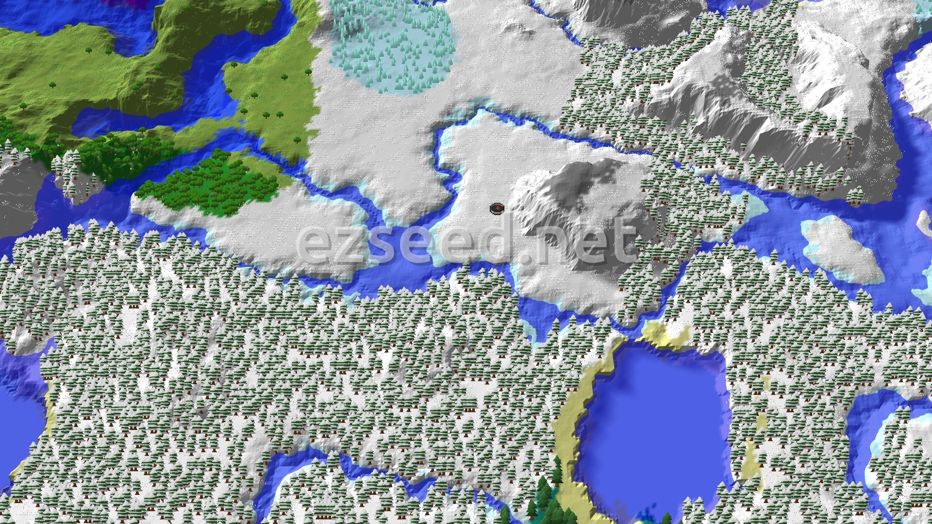 A 3D overhead view of a snow-covered landscape with scattered evergreen trees and blue rivers, featuring a small player marker in the center of a snowy plain, bordered by green forests and mountains.