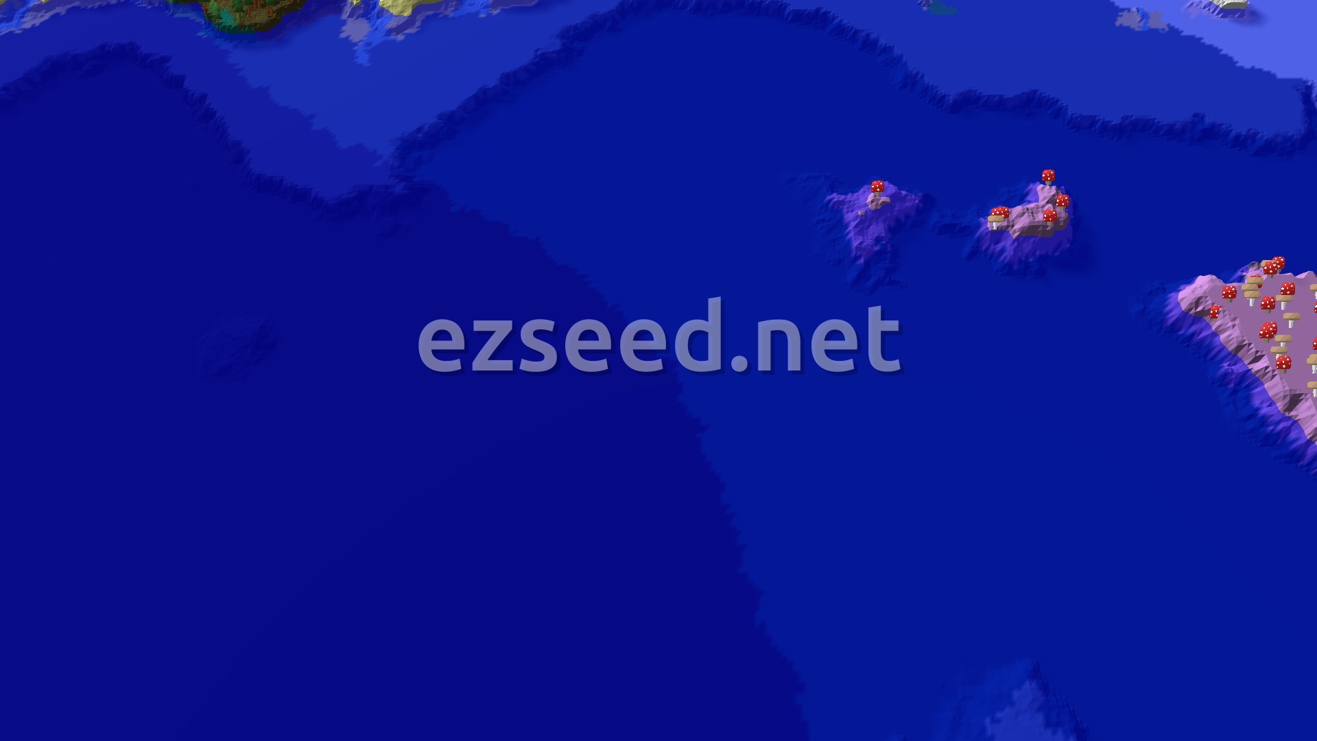 An overhead 3D view of an ocean with several Mushroom Islands, some with red mushrooms and some with brown, and a small spawn marker in the center.