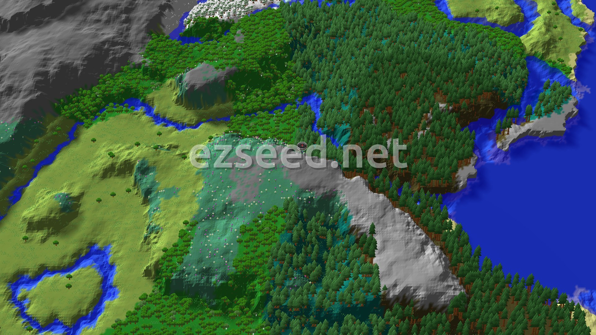 An overhead view of a mountainous, forested landscape with a wide river and a distant ocean.
