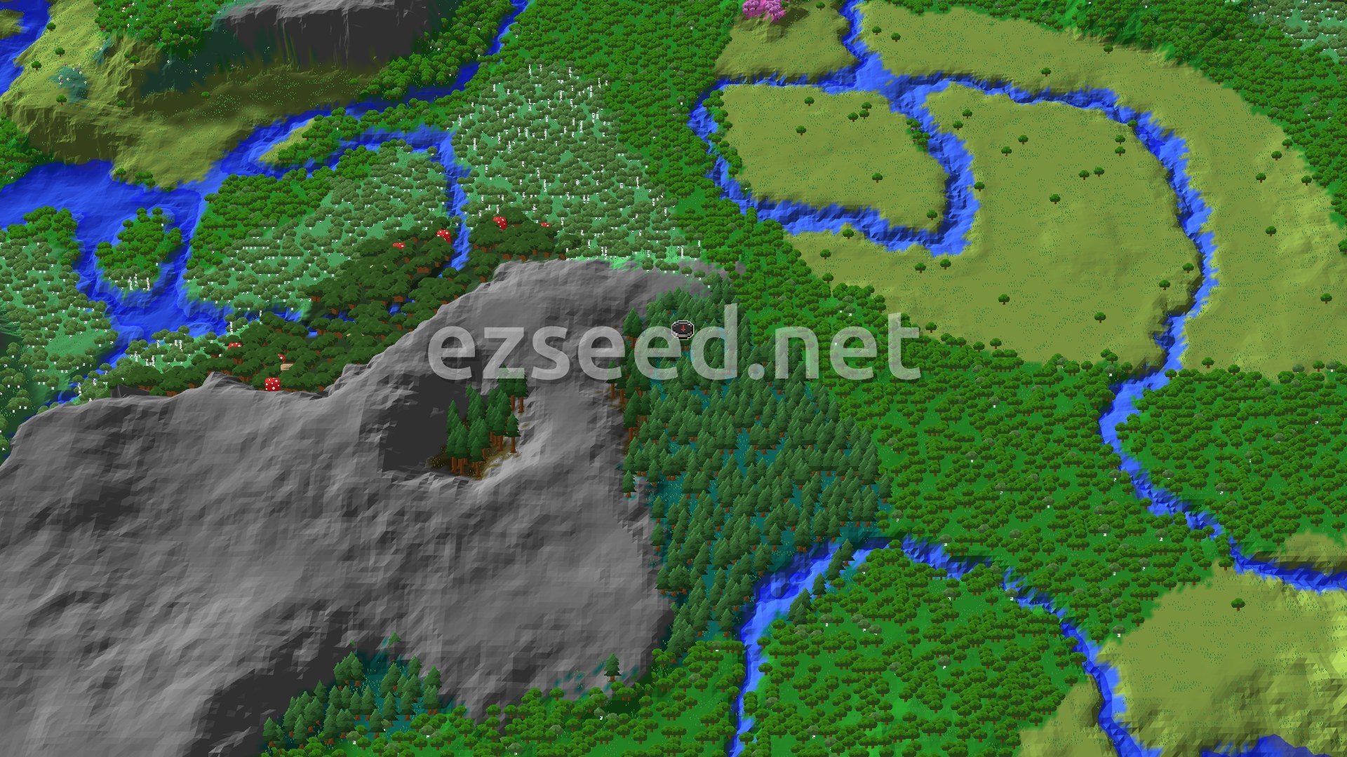 A 3D fly-over of a taiga clearing beside a grey rocky outcrop, with birch and dark forest to the west and winding rivers cutting through open plains to the east.