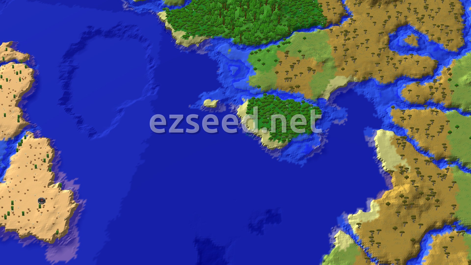 An aerial view of a desert landscape meeting a warm ocean, with a dense jungle biome in the distance.