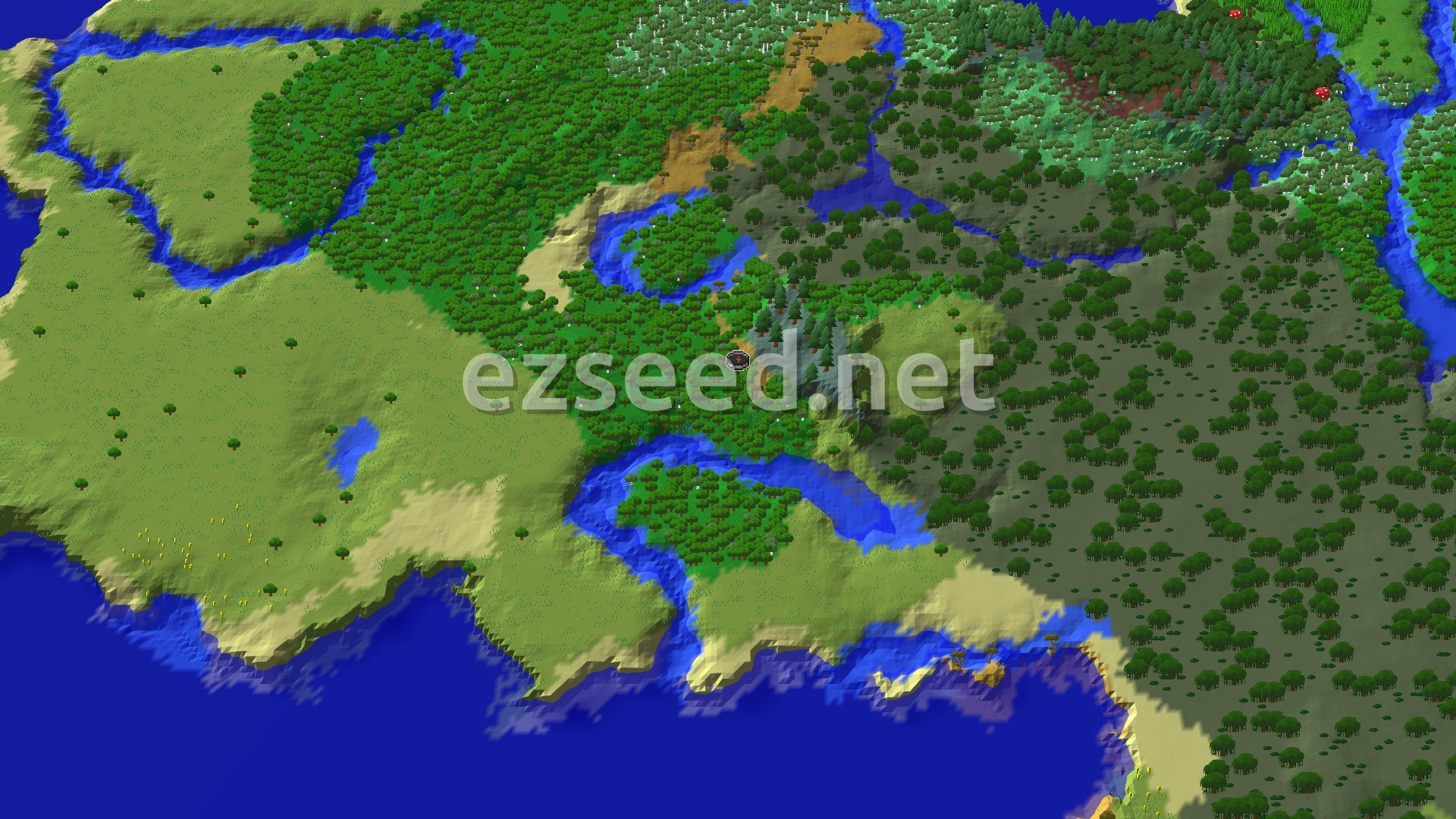 Aerial Minecraft seed map — Windswept Hills and River Canyon at Spawn