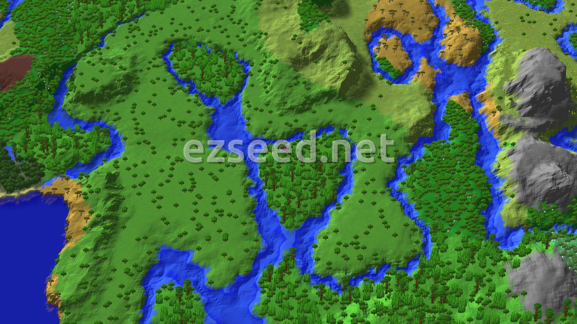 An overhead view of a diverse Minecraft landscape featuring lush green jungles, winding blue rivers, patches of sparse jungle, and hints of lighter terrain.
