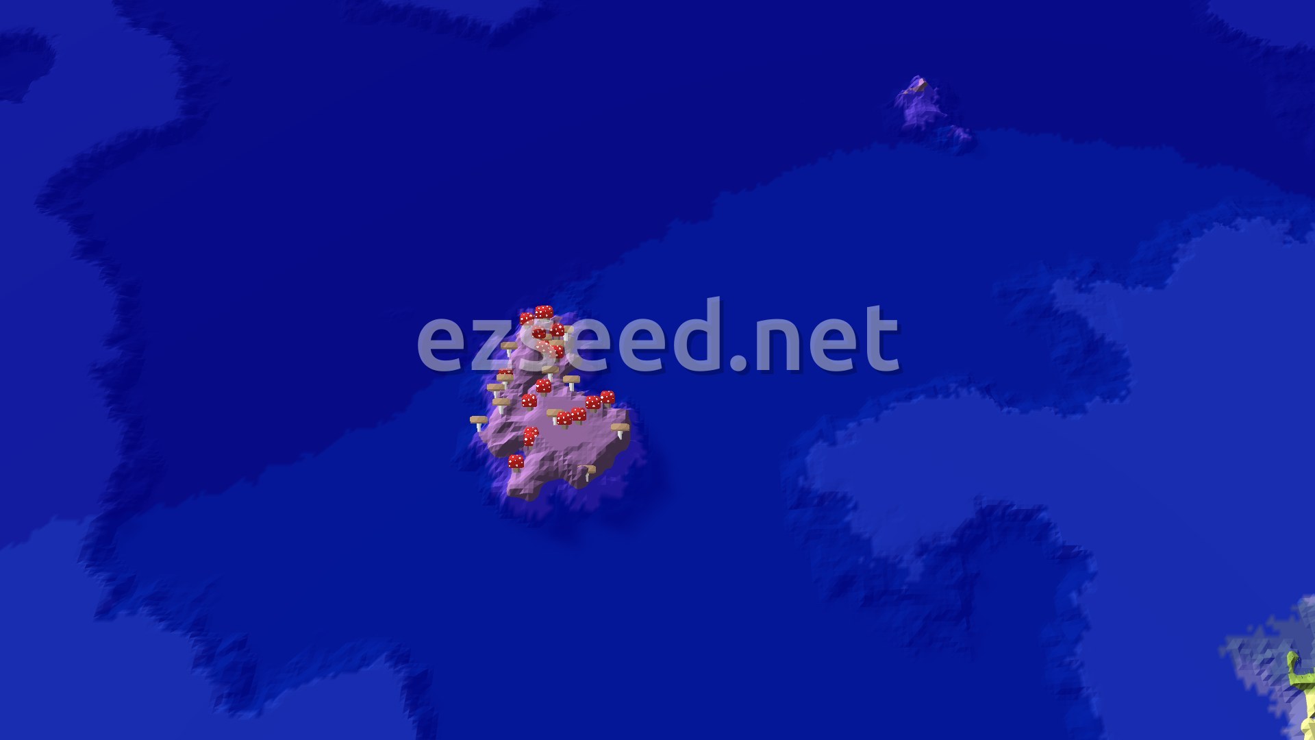 A small purple-shored island with red and brown giant mushrooms sits alone in dark blue ocean, with a tiny rocky islet to the north.