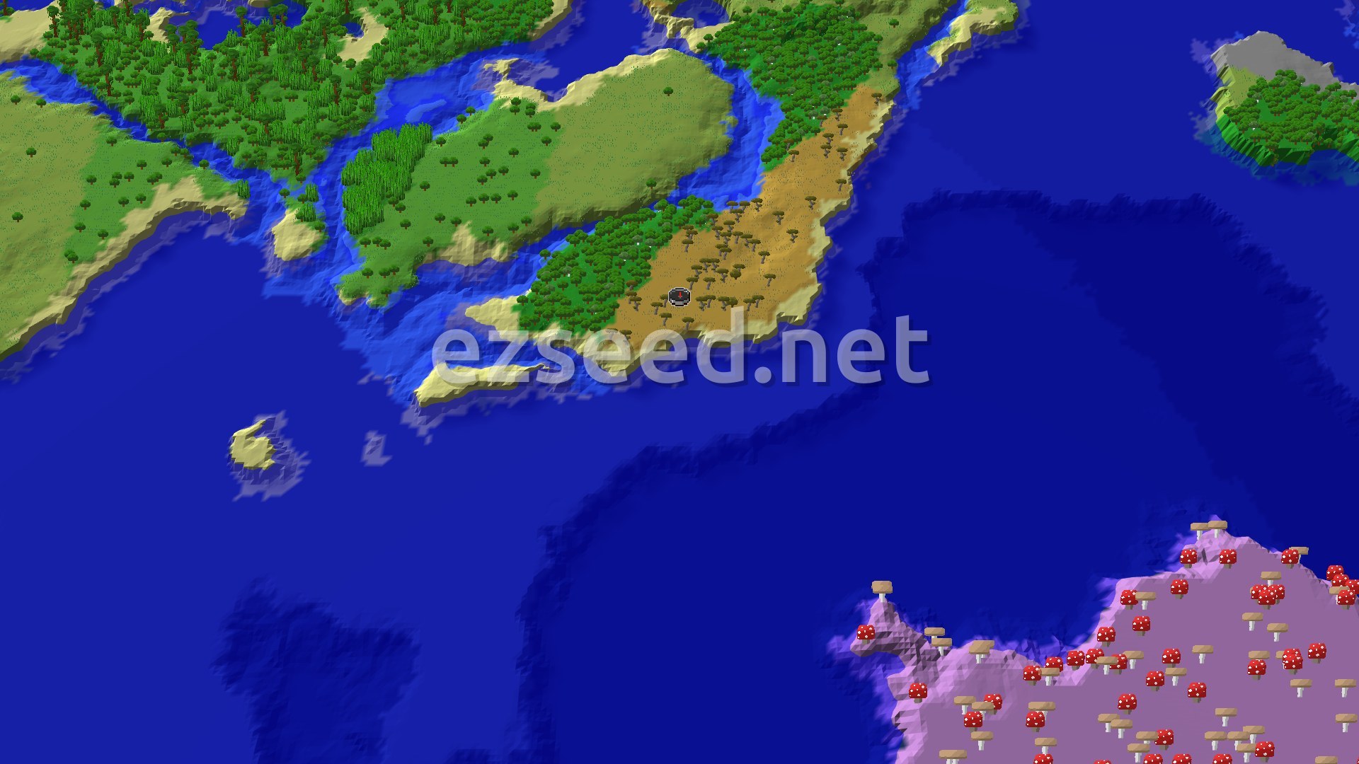 A savanna peninsula of flat-topped trees and sand juts into deep blue ocean, with forested land to the north and a mushroom island to the southeast.
