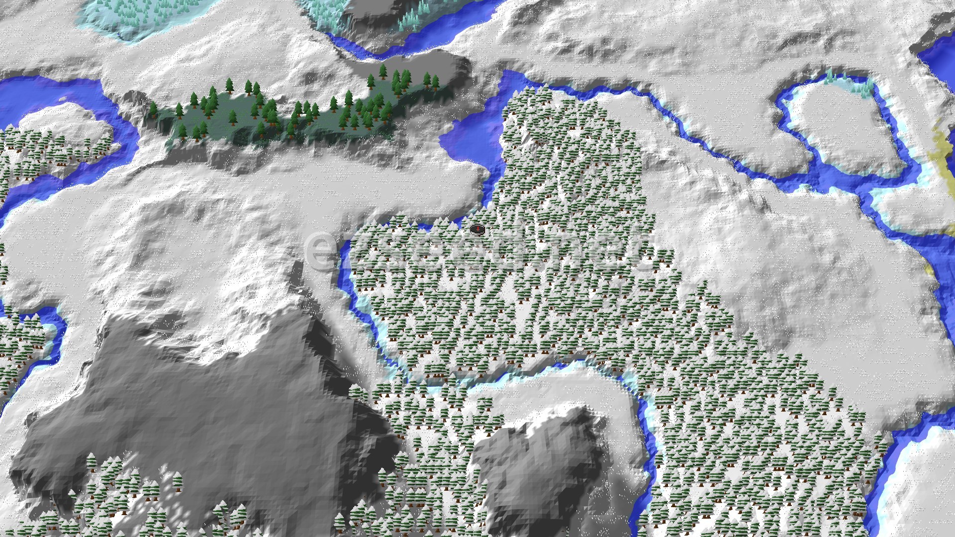 A 3D overhead view of a snow-covered landscape with dense coniferous forests, winding blue rivers, and rolling hills. A small spawn marker is visible near the center.