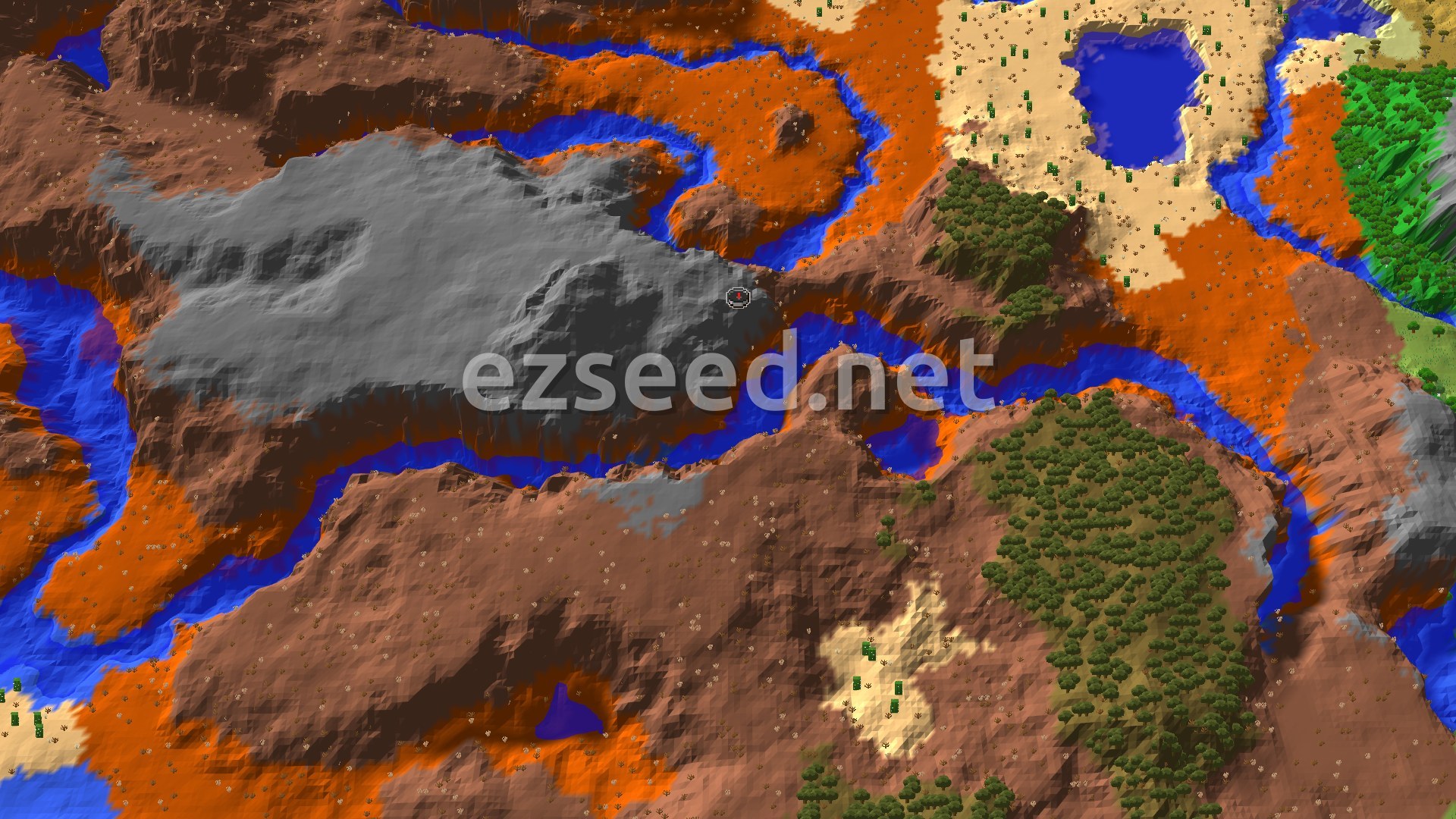 A fly-over of an orange and brown badlands plateau split by winding blue rivers, with a grey eroded mesa at the centre, a desert lake to the north-east and green forest at the edge.
