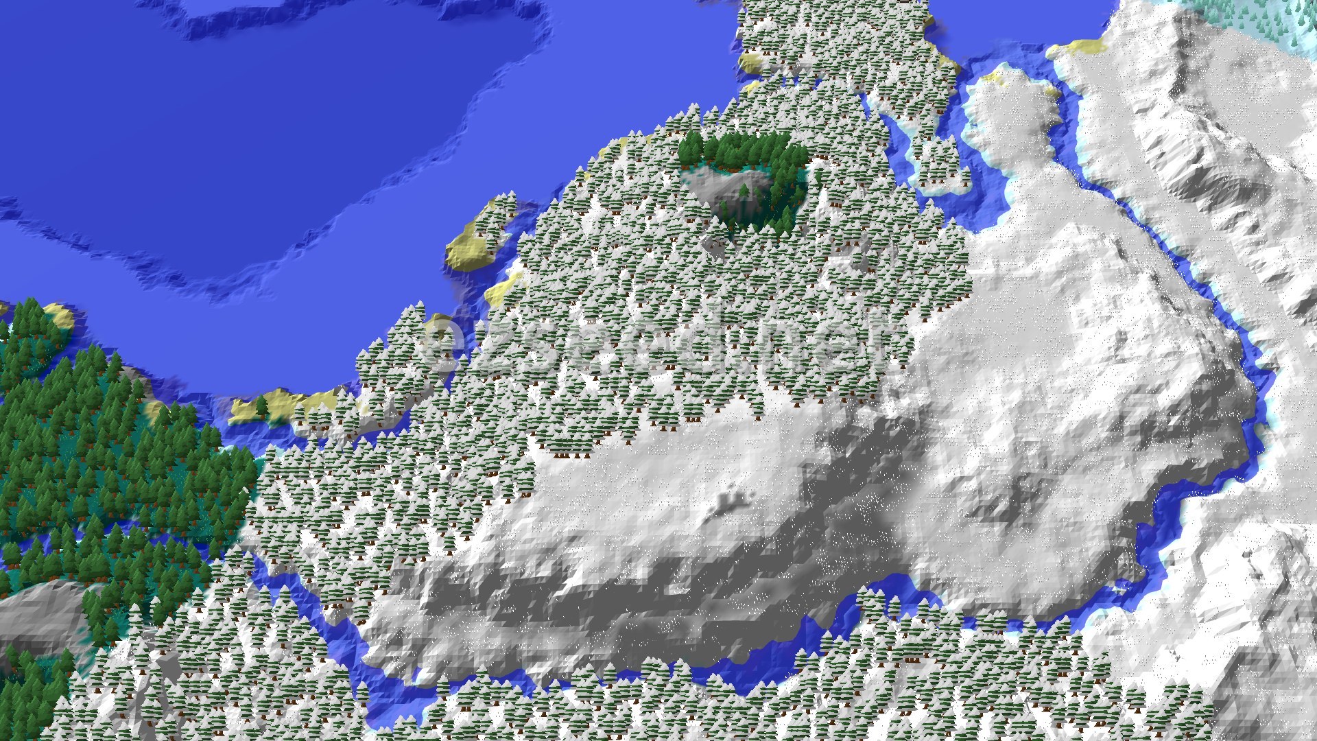 A snow-dusted spruce forest covers a hilly island, ringed by blue water, with sandy beach edges and a darker green taiga on the far shore.