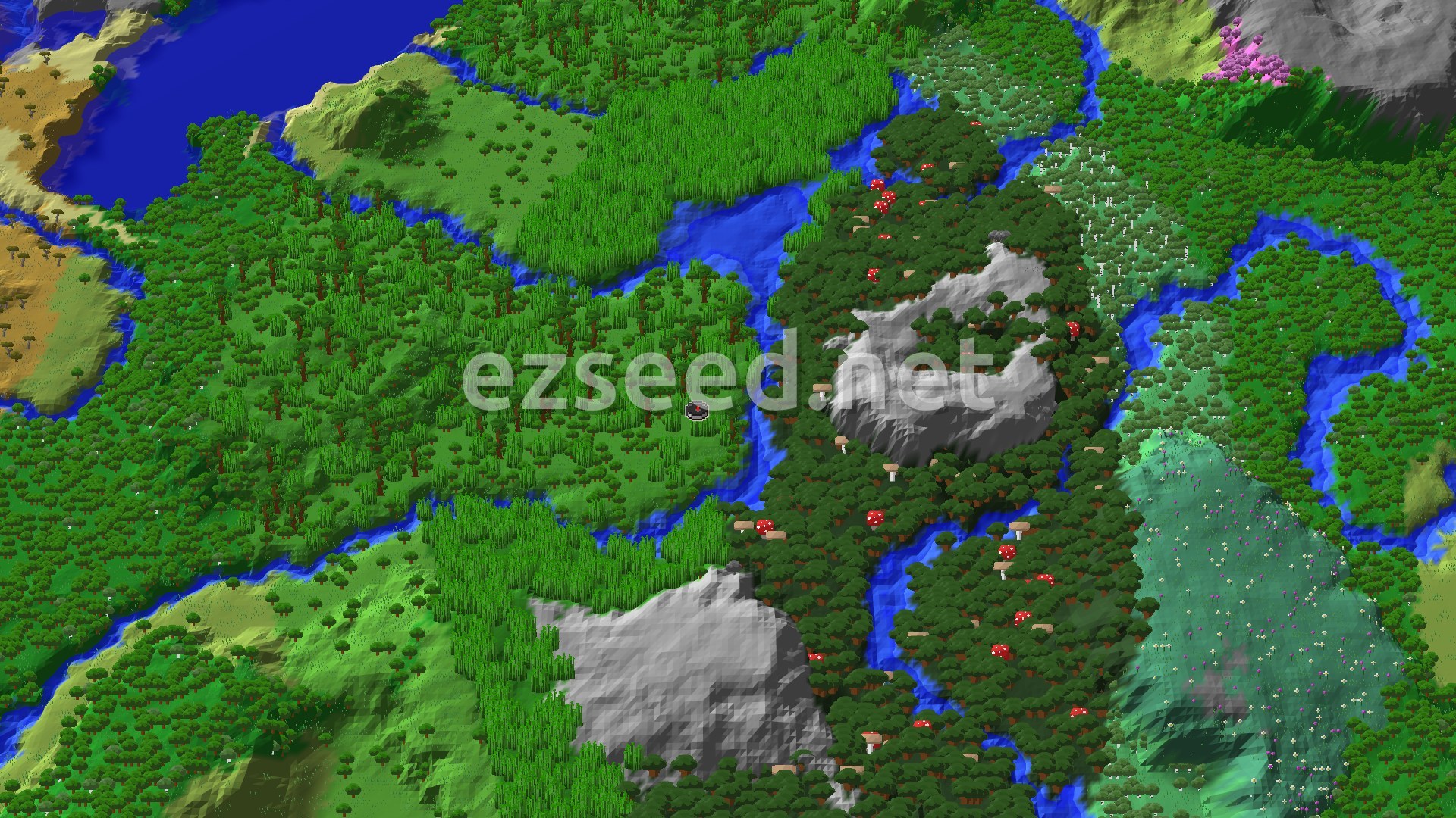 A fly-over of a jungle valley with a river winding through, tall bamboo stands, dark forest canopy with red mushrooms, and grey rock outcrops.
