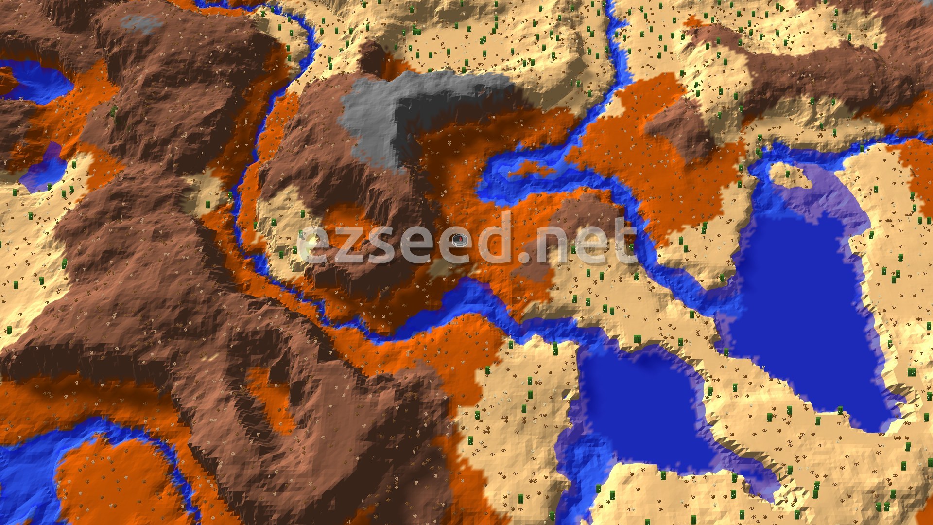 A fly-over of orange and brown badlands cut by winding rivers, with sandy desert flats and two blue lakes to the east.