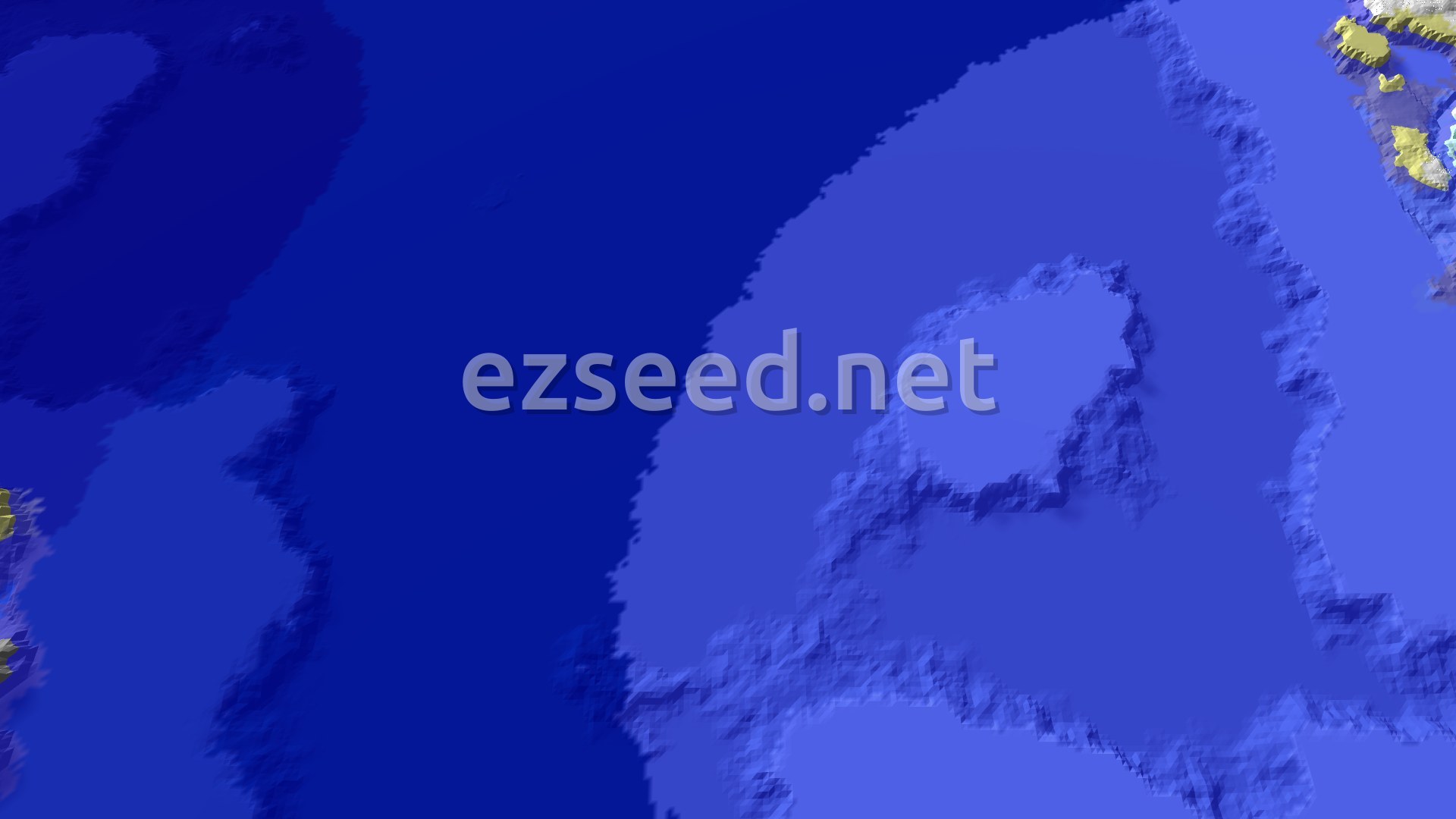 A wide fly-over of deep and shallow blue ocean with a few small patches of pale land and snow at the edges of the frame.