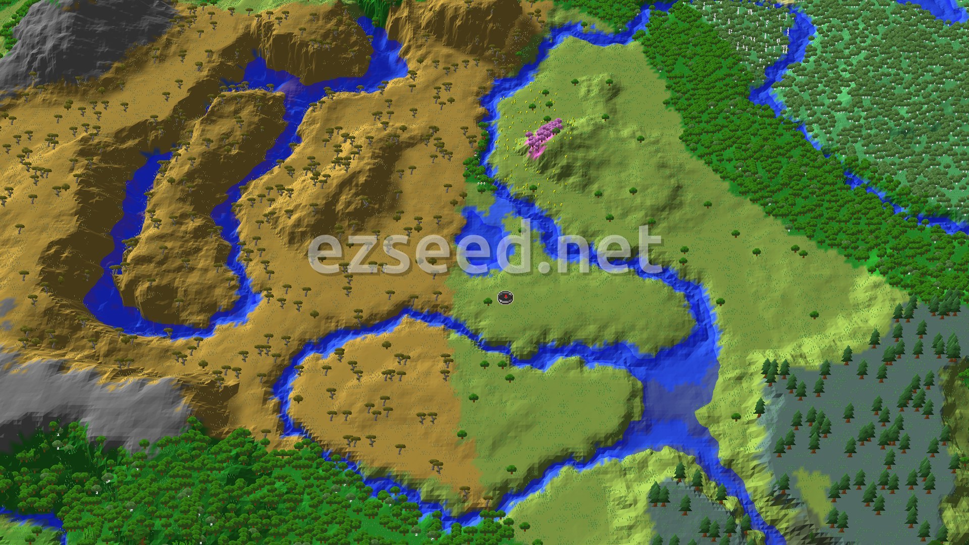 Winding rivers cut between a flat grassy plain and orange savanna hills dotted with acacia trees, with a small pink cherry grove on a green rise and dense forest along the right edge.