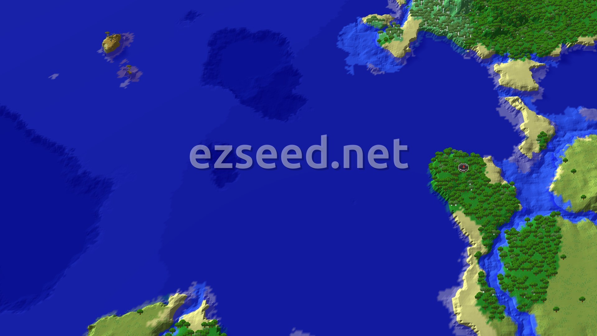 An overhead view of a large, green island covered in trees, surrounded by blue ocean, with a small spawn marker in the center.