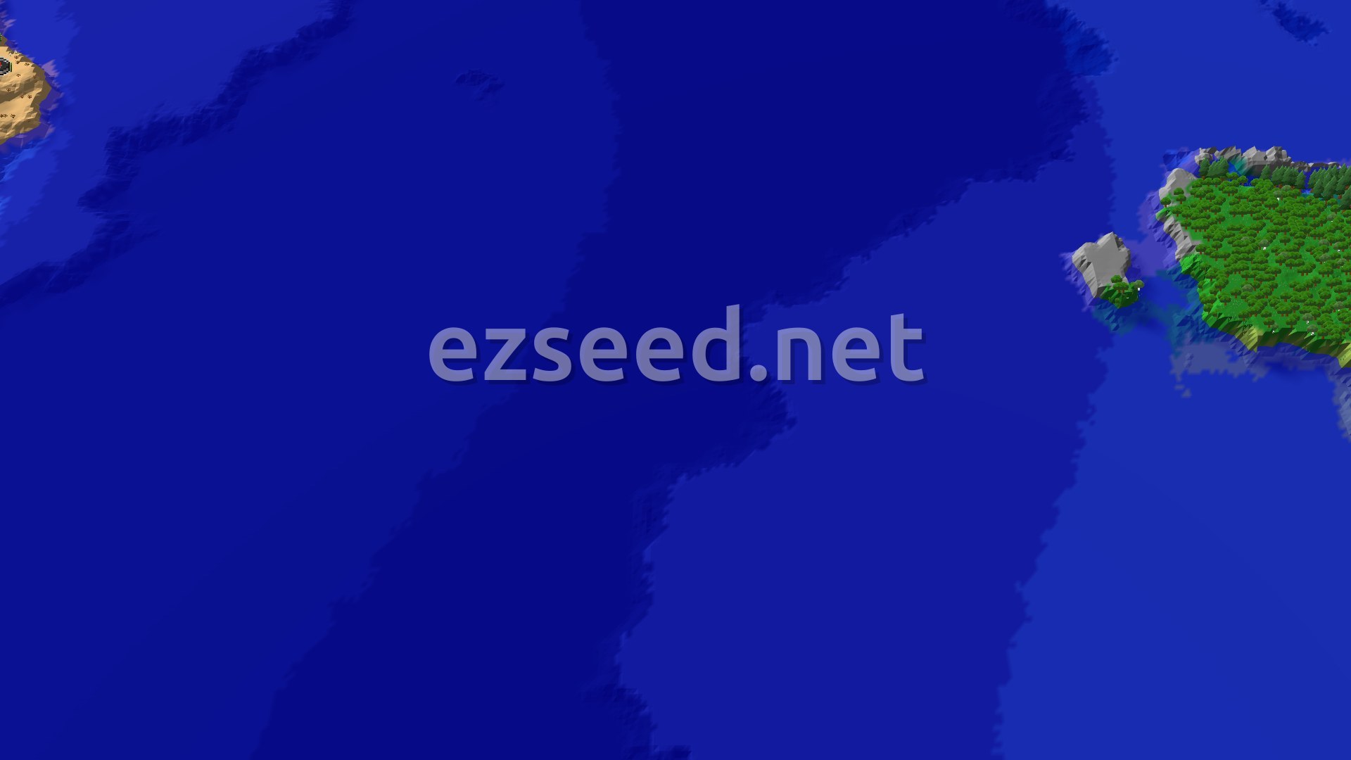 A vast expanse of deep blue ocean with a desert peninsula on the left and a forest island on the right, as seen from above.