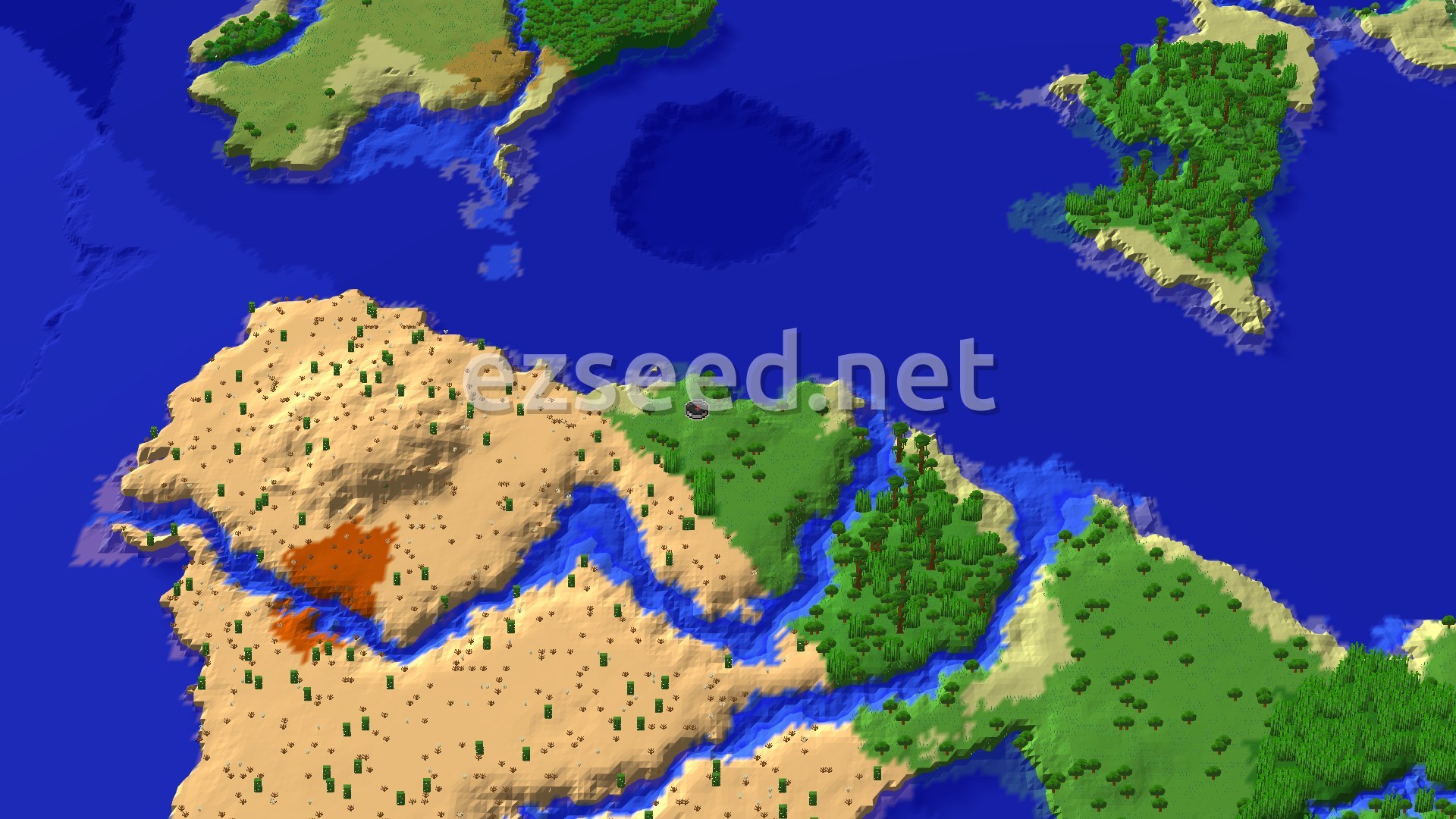 A small green jungle headland on a coastline with a sandy desert to the west, tropical islands to the north and east, and blue warm ocean between them.