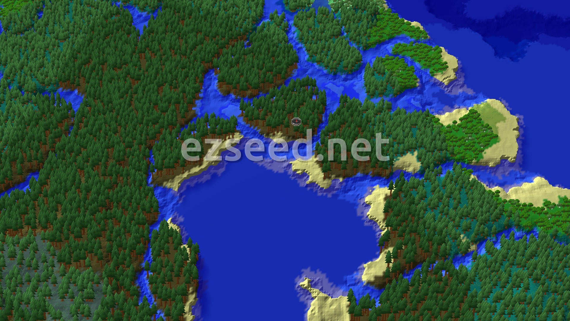 An overhead view of a heavily forested island, primarily covered in tall pine trees, surrounded by blue water and sandy beaches. A small spawn marker is visible near the center of the island.