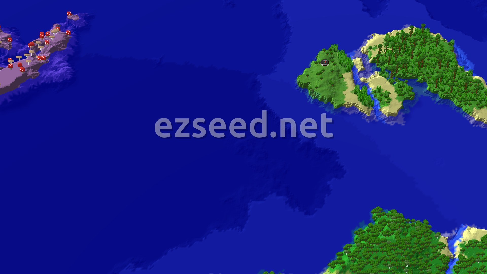 An aerial view of a large island covered in lush green jungle trees and patches of sandy beach, surrounded by deep blue ocean. A small spawn marker is visible near the center of the island.