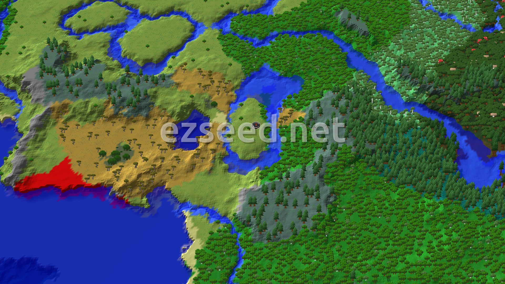 A 3D fly-over of a small plains island in a river bend, ringed by oak forest, a tan savanna basin with a pond, gray windswept slopes dotted with spruce, and open ocean in the lower left.