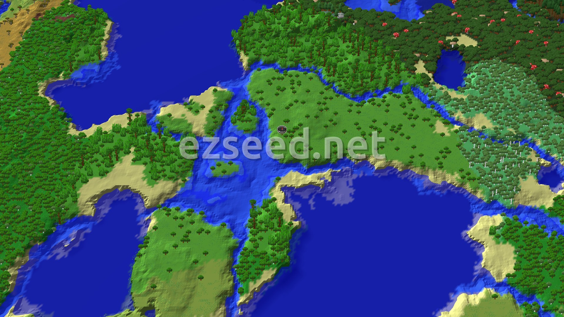A grassy, thinly wooded headland at the centre, ringed by sandy beaches and wide stretches of ocean, with denser jungle and dark forest on the far shores.