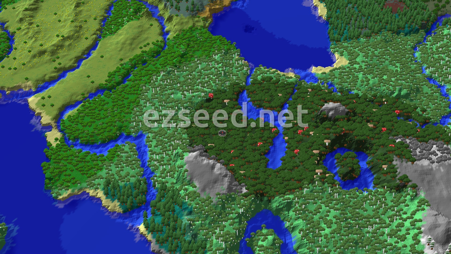 An overhead view of a dense dark forest, interspersed with lighter birch trees and a pale garden biome, with winding rivers and coastal areas.