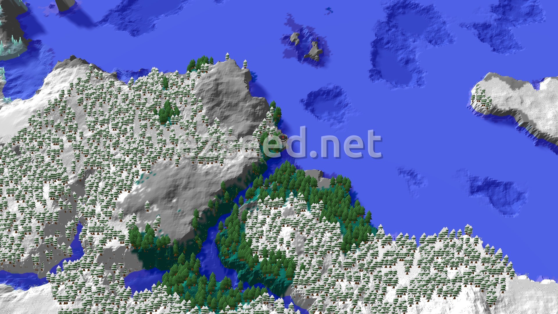 A snowy, mountainous coastline with a mix of evergreen trees and bare, grey peaks, overlooking a vast blue ocean dotted with small islands.