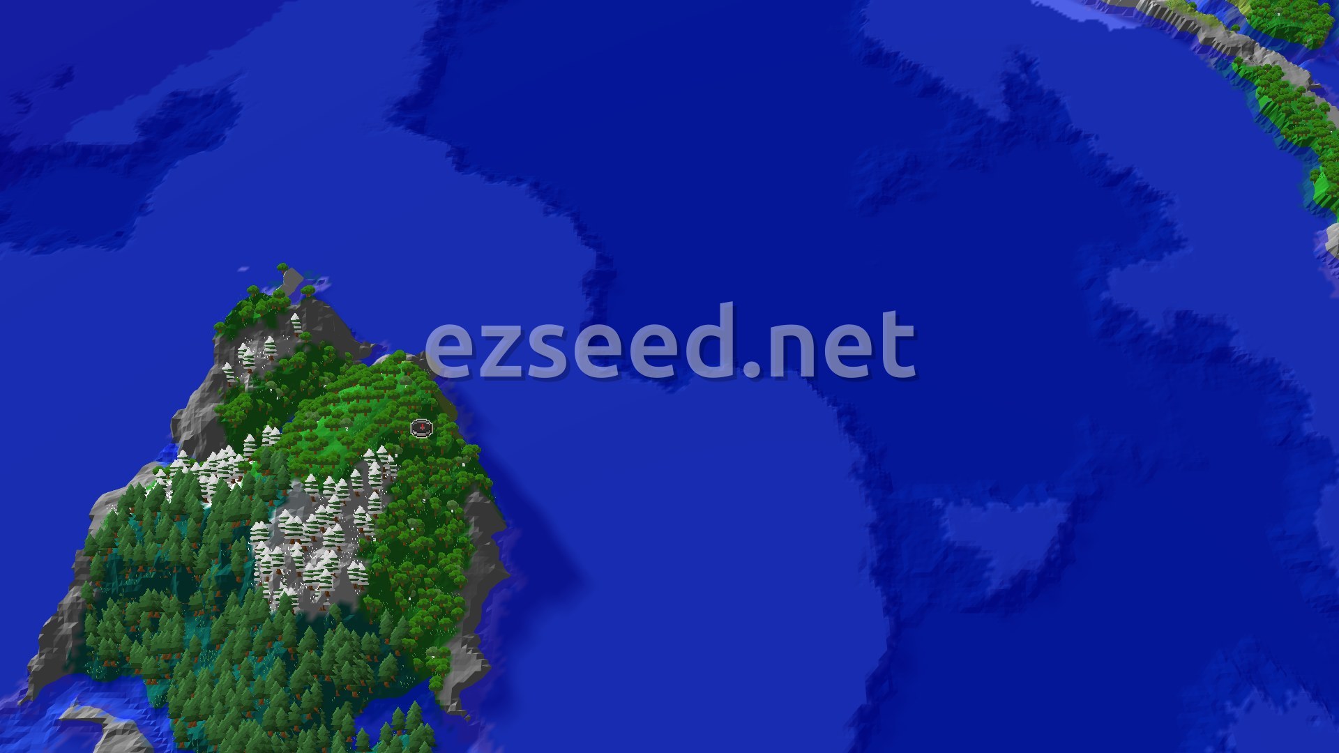 A green island of oak forest and dark spruce taiga with snow-dusted trees on grey stone, surrounded by deep blue ocean.