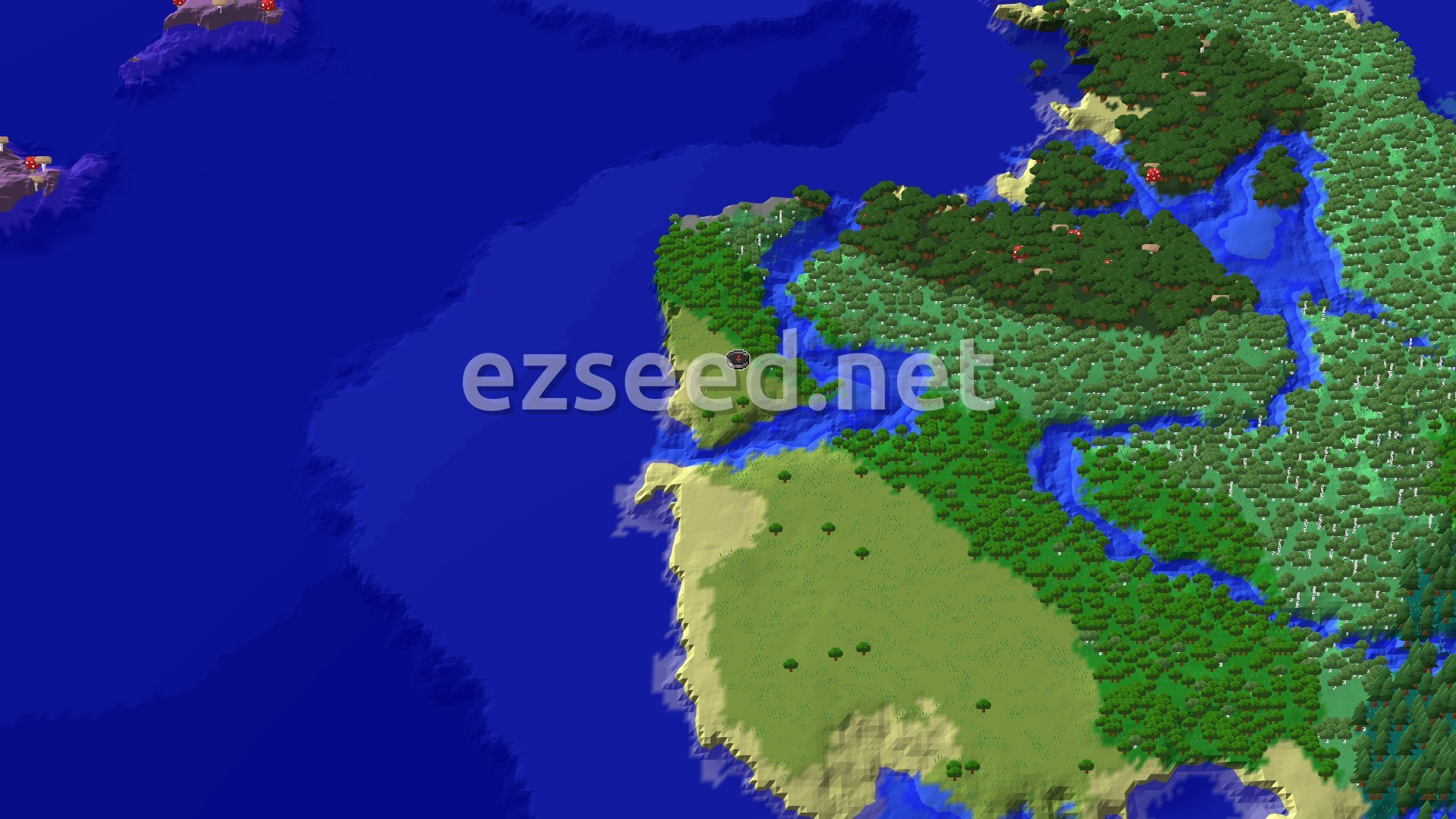 A 3D fly-over showing a green island with patches of sandy beach, surrounded by blue ocean. Trees cover much of the island, and a small spawn marker is central. Distant purple mushroom islands are visible to the northwest.