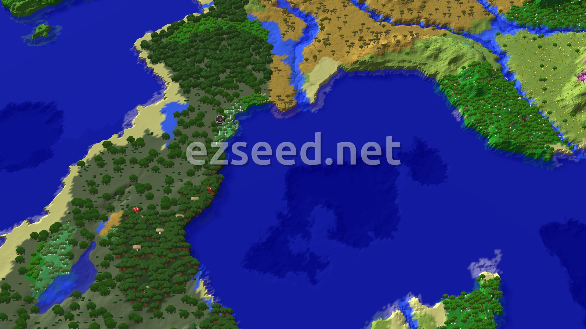 An aerial view of a large peninsula covered in various forests, including a darker green section of mangrove trees, extending into a vast blue ocean. There are also sandy beaches and patches of lighter green savannas.