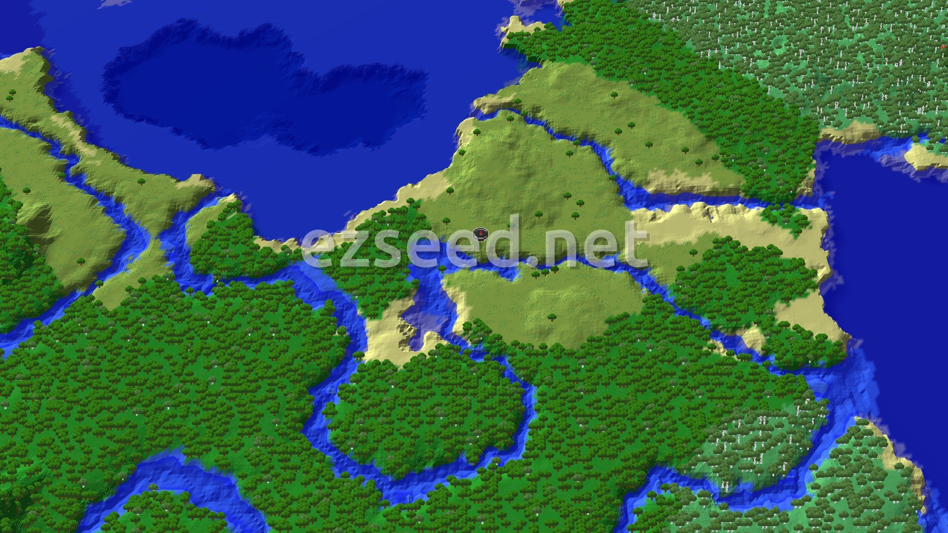A grassy plains headland at spawn, cut by blue rivers, with dense green forest to the south and east and open cold water to the north and east.
