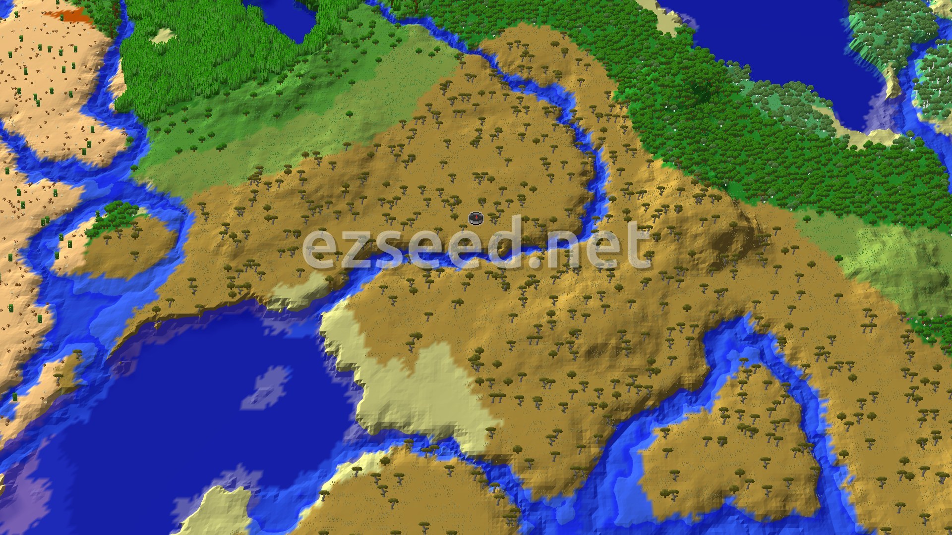 A savanna plateau of flat-topped acacias is cut by a winding river, with dense green forest to the north, desert sand to the west and a large lake to the southwest.