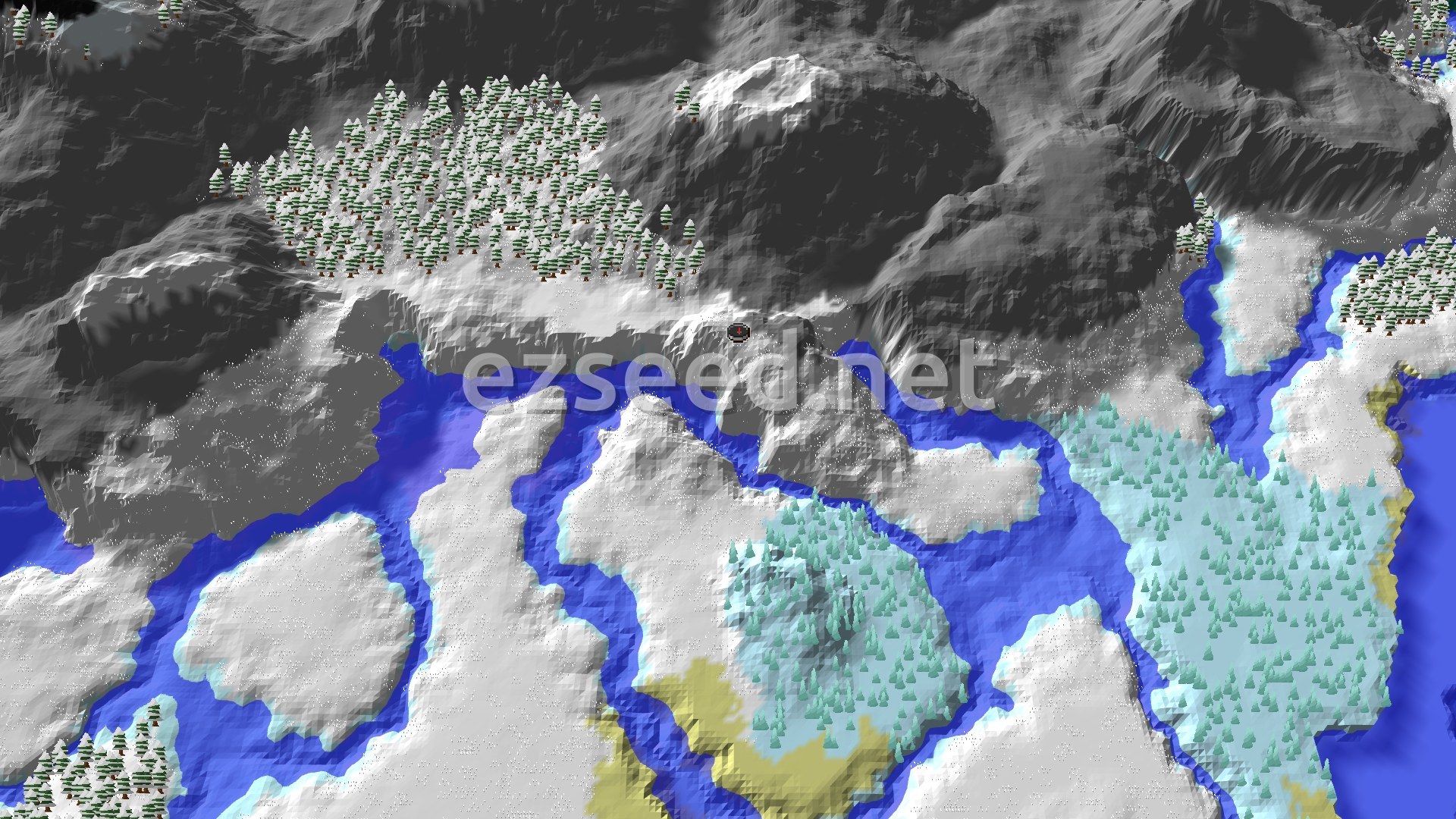 Aerial Minecraft seed map — Ice Spikes and Frozen Rivers Among Snowy Peaks